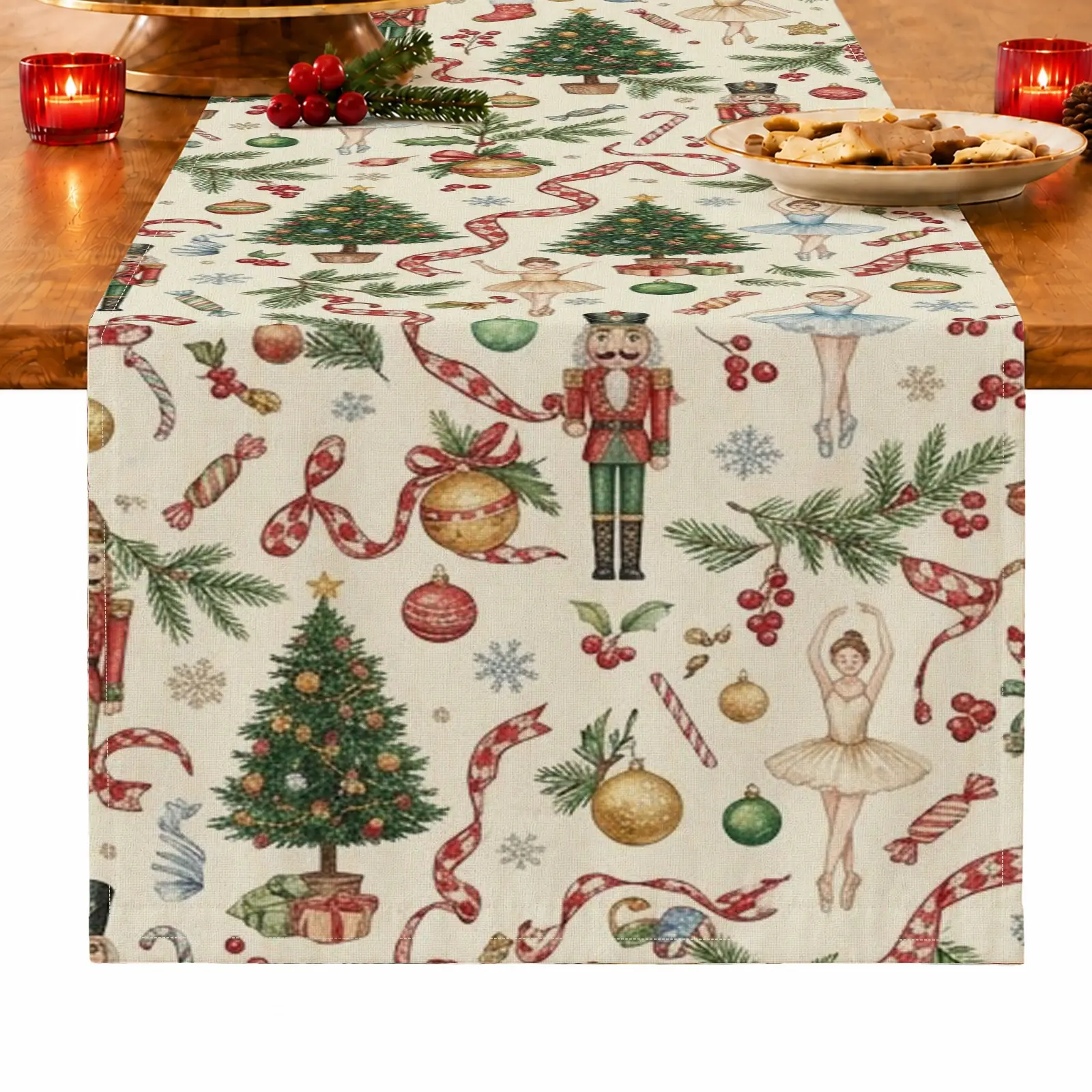 1pc Christmas Tree Nutcracker Ballerina & Candy Cane Table Runner, Table Coverage, Vintage Christmas Style, for Dining Table, Kitchen, Dining Room & Home Decor, Christmas Table Decoration and Festive Home Decor