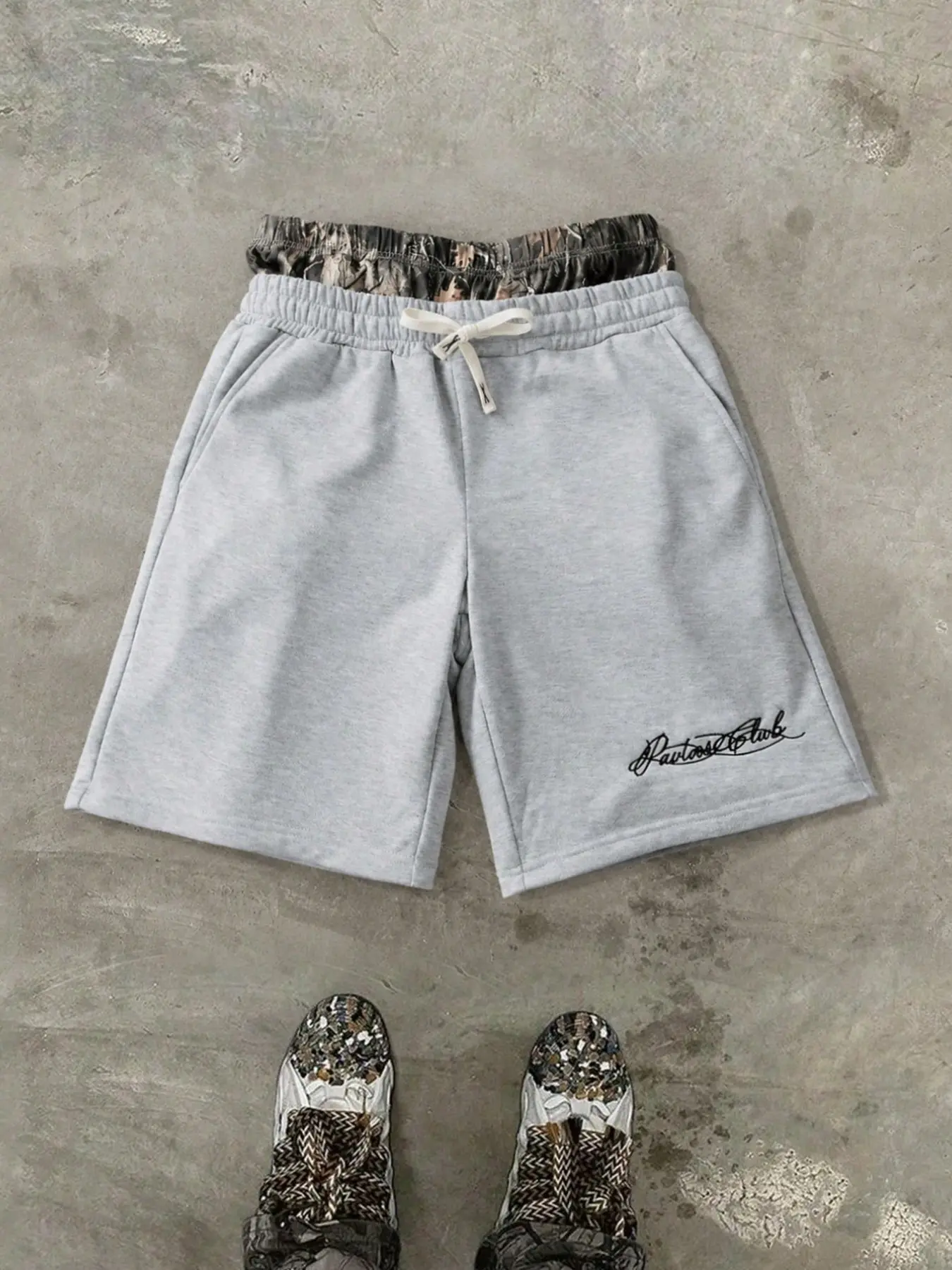 Men's Young Casual Camouflage Patchwork Gym Shorts, All Season Shorts, Fit Shorts, Street Fashion, Fake Two-Piece Dual Waistband, Knit Shorts, Elastic Waist Drawstring
