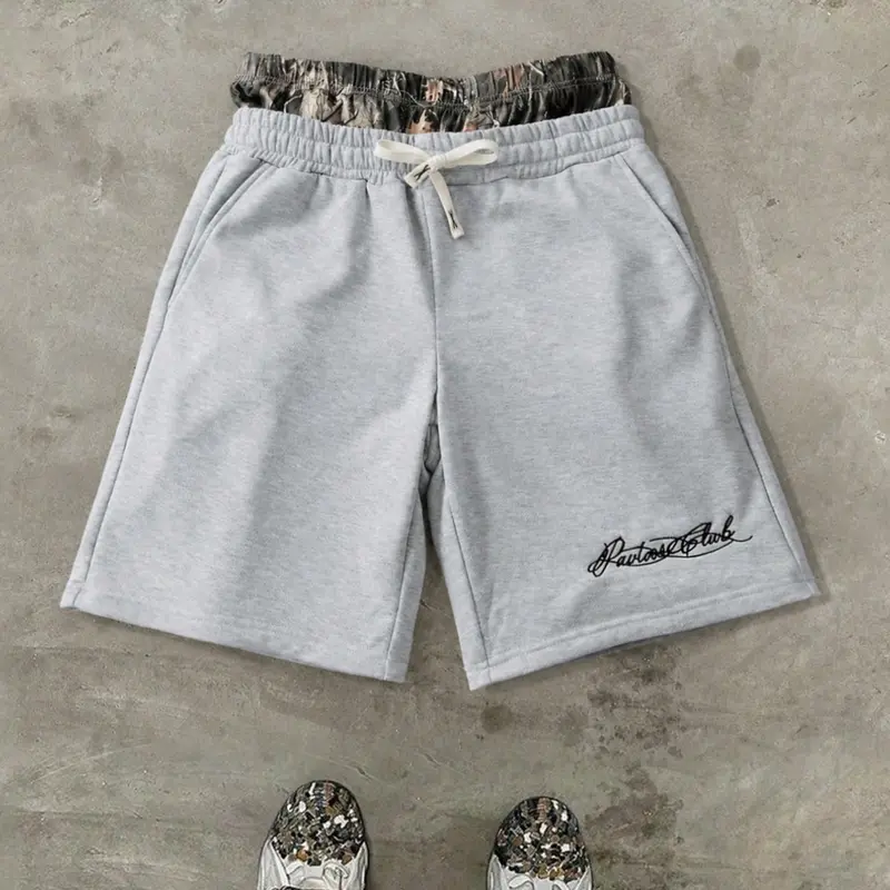 Men's Young Casual Camouflage Patchwork Gym Shorts, Fit Shorts, Street Fashion, Fake Two-Piece Dual Waistband, Knit Shorts, Elastic Waist Drawstring, Sports Drawstring Shorts