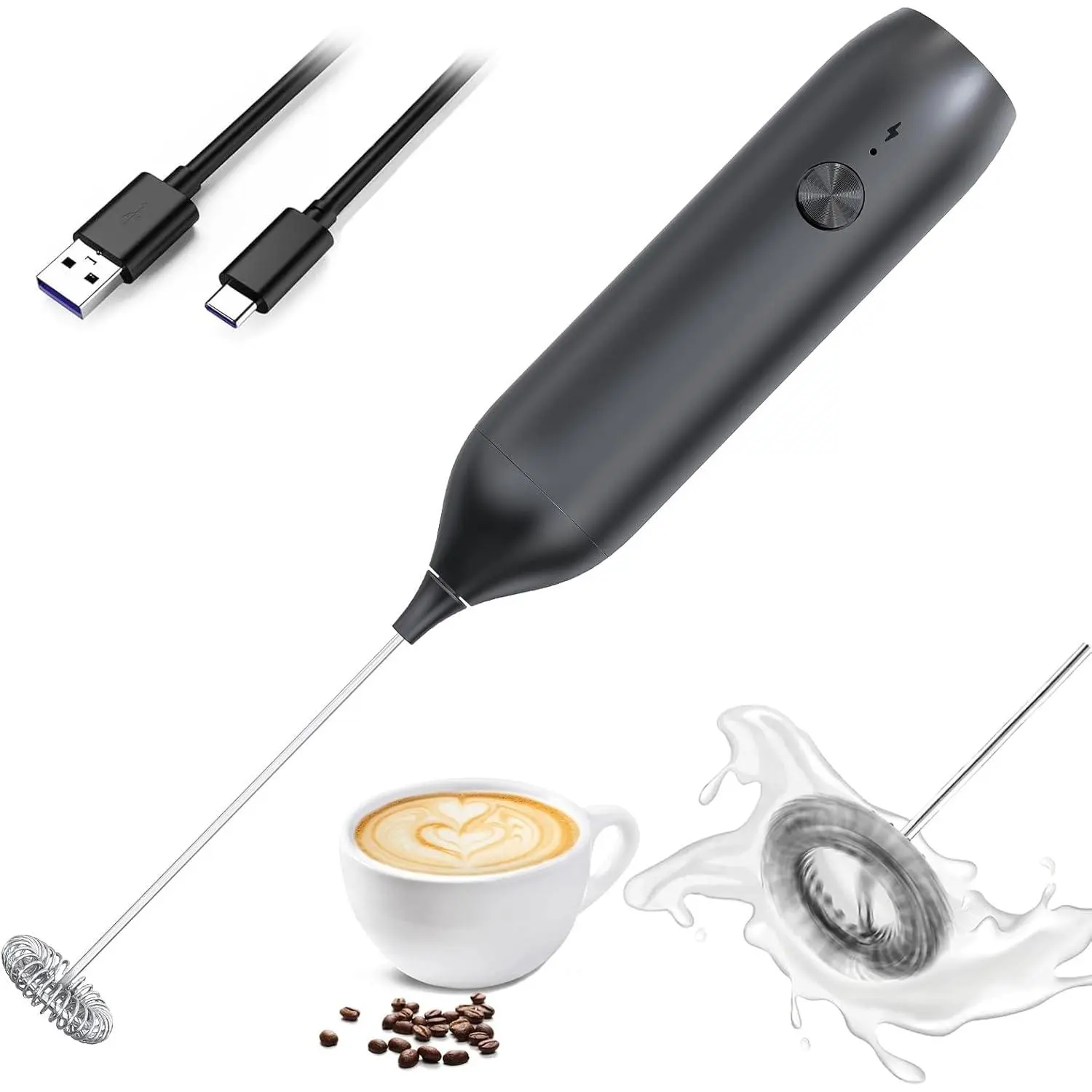Rechargeable Milk Frother Wand,Drink Mixer Handheld,Electric Whisk with USB-C, Maker for Coffee Stirrer,Hand Blender for Lattes,Matcha,Cappuccino,Frappe,Hot .
