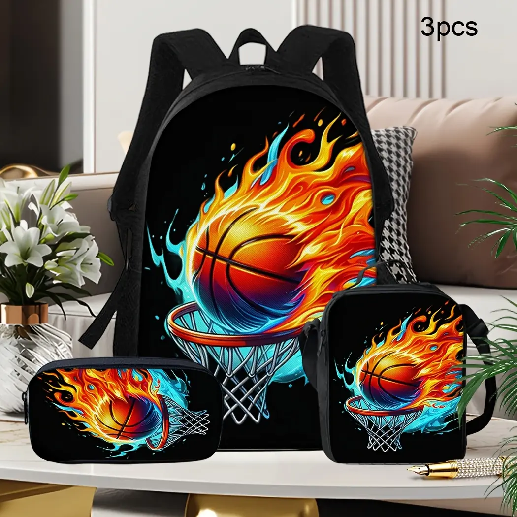 Kids Backpack, Flaming Fire-and-Ice Basketball Sports School Bookbag with Top Handle and Side Mesh Pockets for Teens and Students