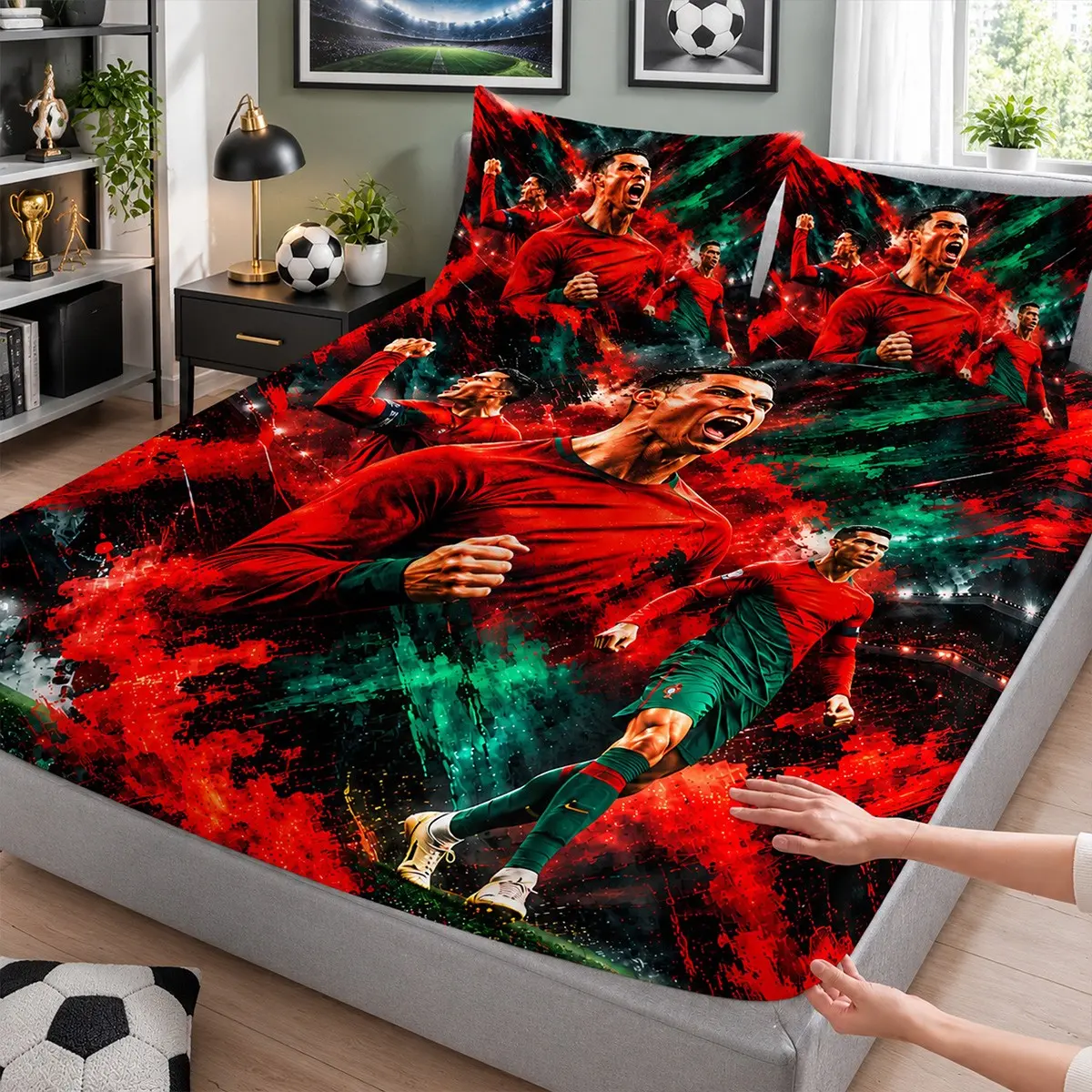 3-Piece Bedding Set Featuring Soccer Star-Themed Splatter Art Prints (includes 1 fitted sheet and 2 pillowcases; comforter and pillow inserts not included) — perfect for home or dorm decor, and an excellent gift for the holidays.