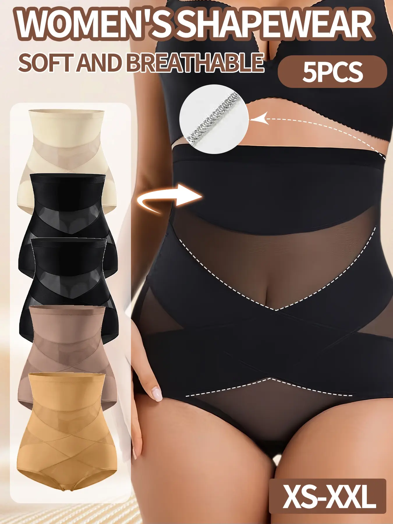 5-piece Women's High-Waist Cross Tummy Control Seamless Butt-Lifting Shaping Pants, Flat-Belly Slimming Leg Pants, Layering Shorts, Stockings, Casual Pants, Waist-Shaping Pants, Compression Waist Shaper, Underwear, Body Sculpting Compression, Shapewear
