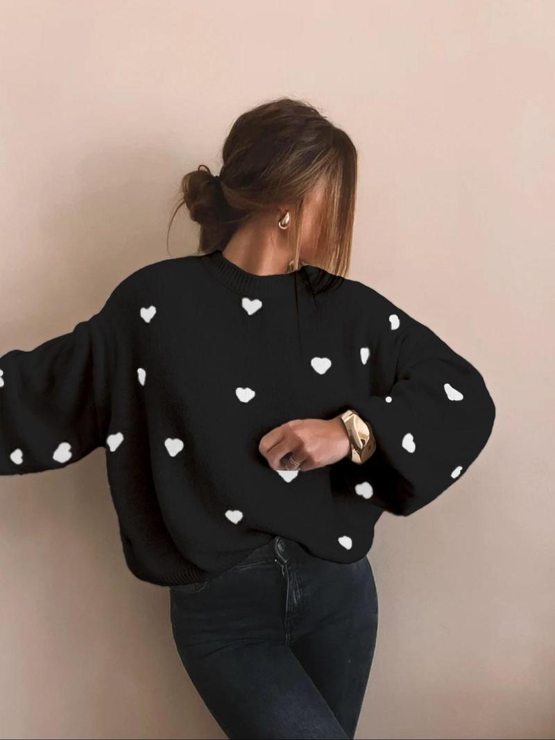 Women's All Over Heart Print Drop Shoulder Sweater, Casual Long Sleeve Round Neck Jumper for Fall & Winter, Fashion Ladies' Knitwear for Daily Wear