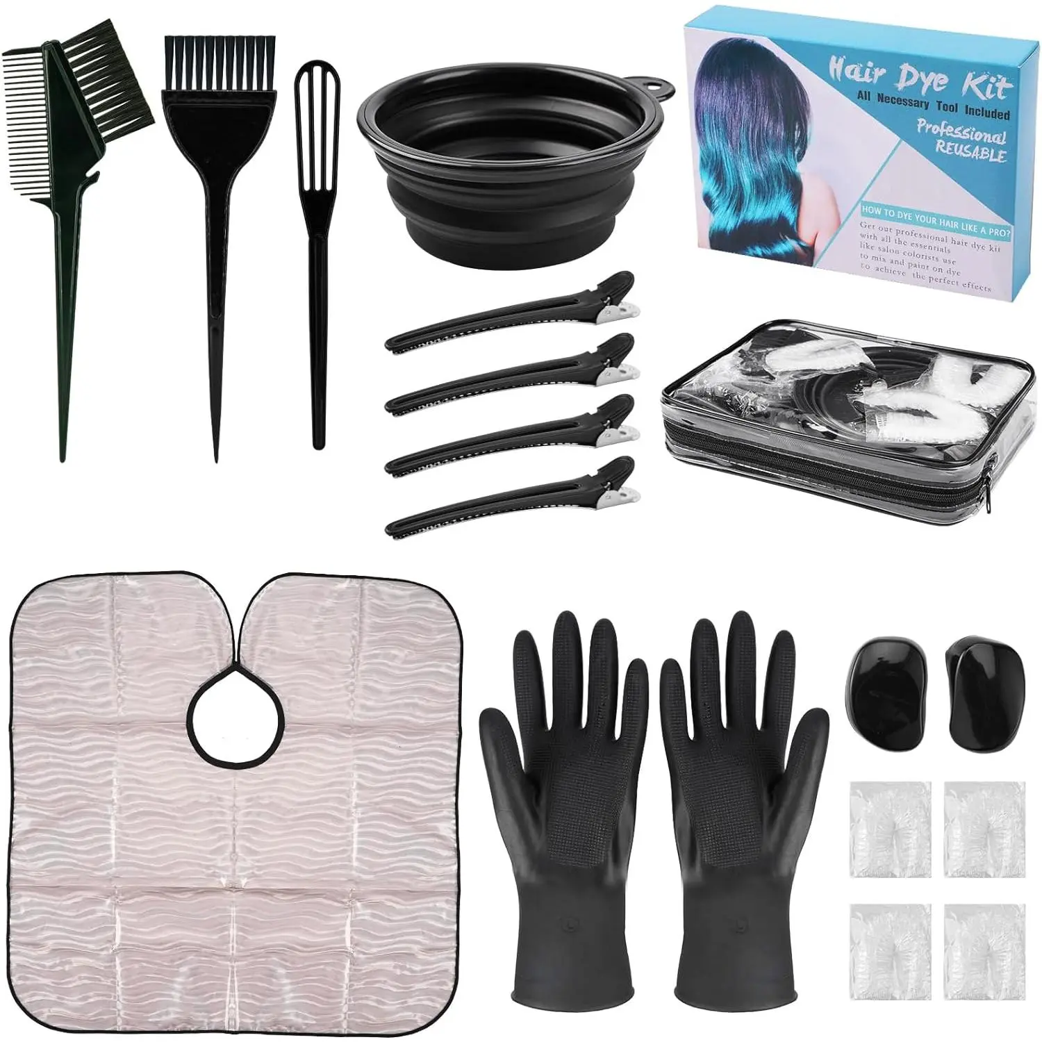 19-Count Salon-Quality Hair Coloring Complete Kit with Silicone Brushes, Bowl, Comb, Storage Bag for Salon/Home Use, Haircare, All