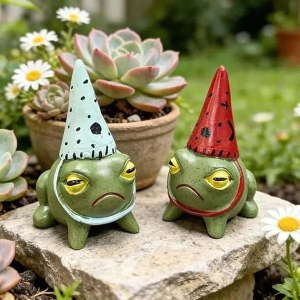 Miniature Frog Garden Statue, Resin Frog Figurine Wearing a Pointed Hat | Miniature Garden Animal Statue, Floral-Themed Outdoor Decor for Succulent Planters, Unique Gift for Frog Lovers
