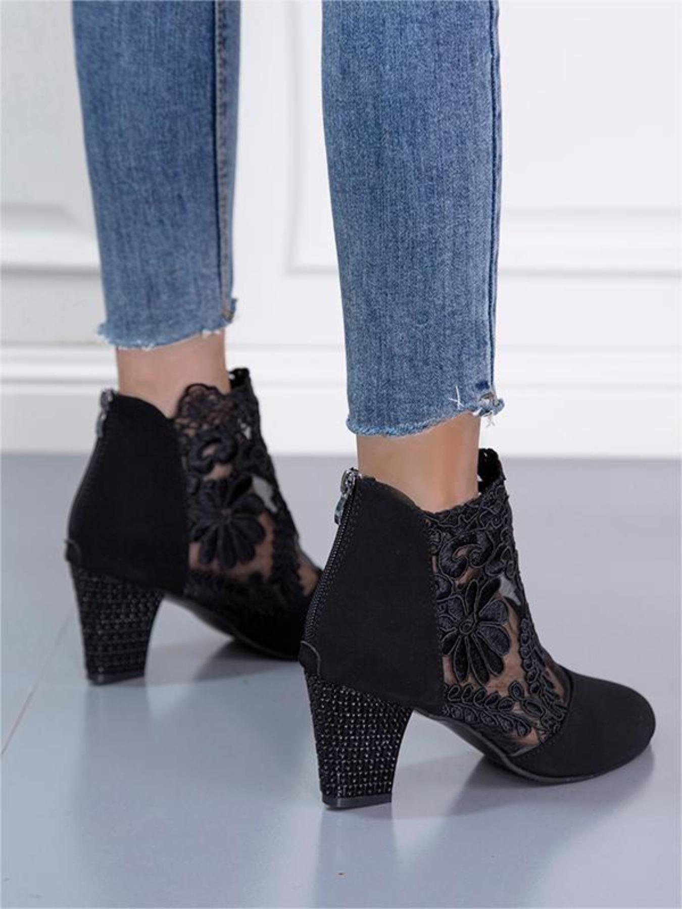 YYW1 Women's Fashion Flower Embroidered Design Contrast Lace Ankle Boots, 1 Pair Elegant Pointy Toe Heeled Boots Daily Wear, All-match Boots Women & Girls, heels, Pointy Toe Boots, Embroidery Ankle Boot