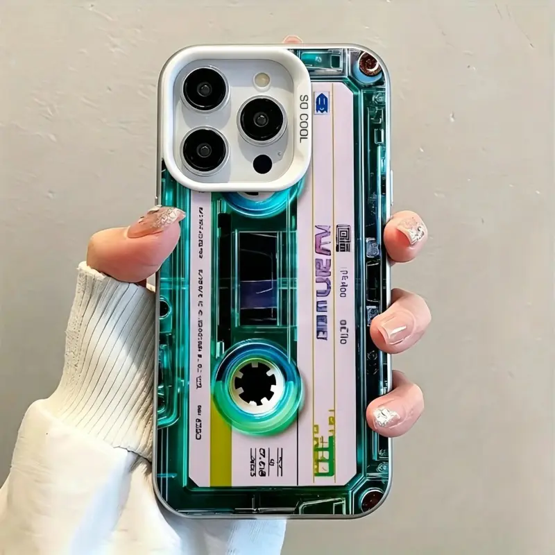 Unique blue-green transparent tape creative design phone case, suitable for  17/16/15/14/13/12/11/X/XS/XSMAX/16E/17E, Retro Cassette IMD Phone Case  comprehensive protection ,modern design  stylish gift