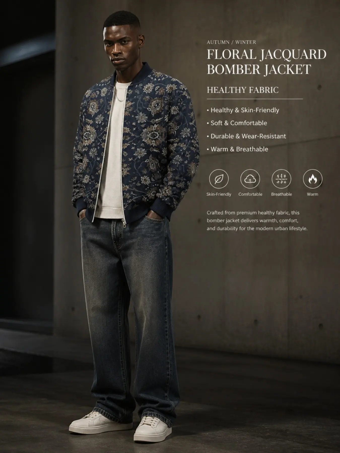 Men's Vintage Floral Jacquard Full Zip Bomber Jacket, Retro Paisley Print Baseball Neck Windproof Jacket, Navy Casual Streetwear Fall Winter Outerwear