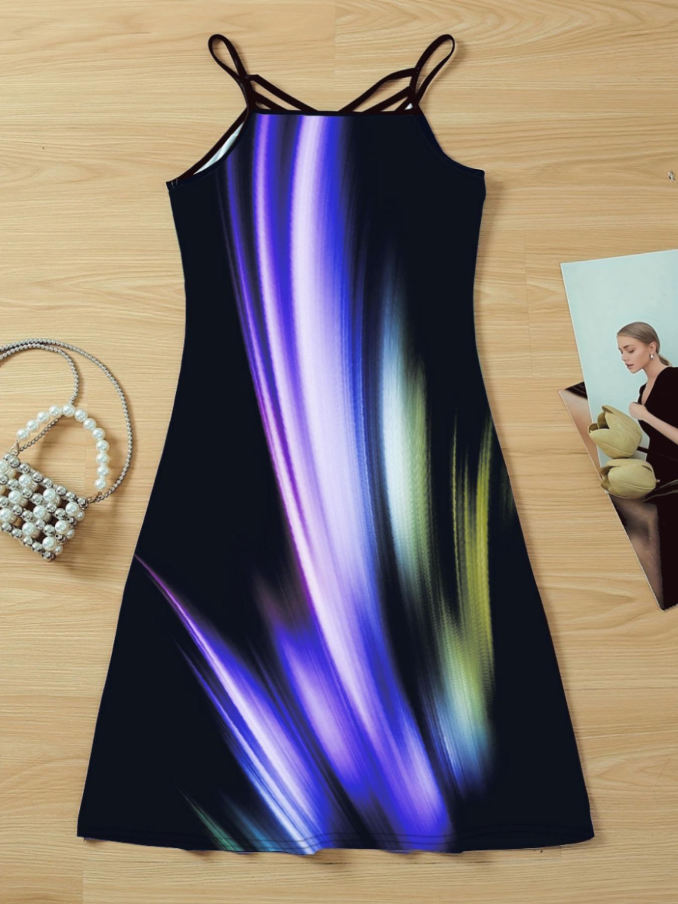 Women's Colorblock Criss Cross Backless Cami Dress, Casual Chic Dress, Casual Sleeveless Spaghetti Strap Short Dress, Ladies Summer Clothes for Beach Holiday, Womenswear