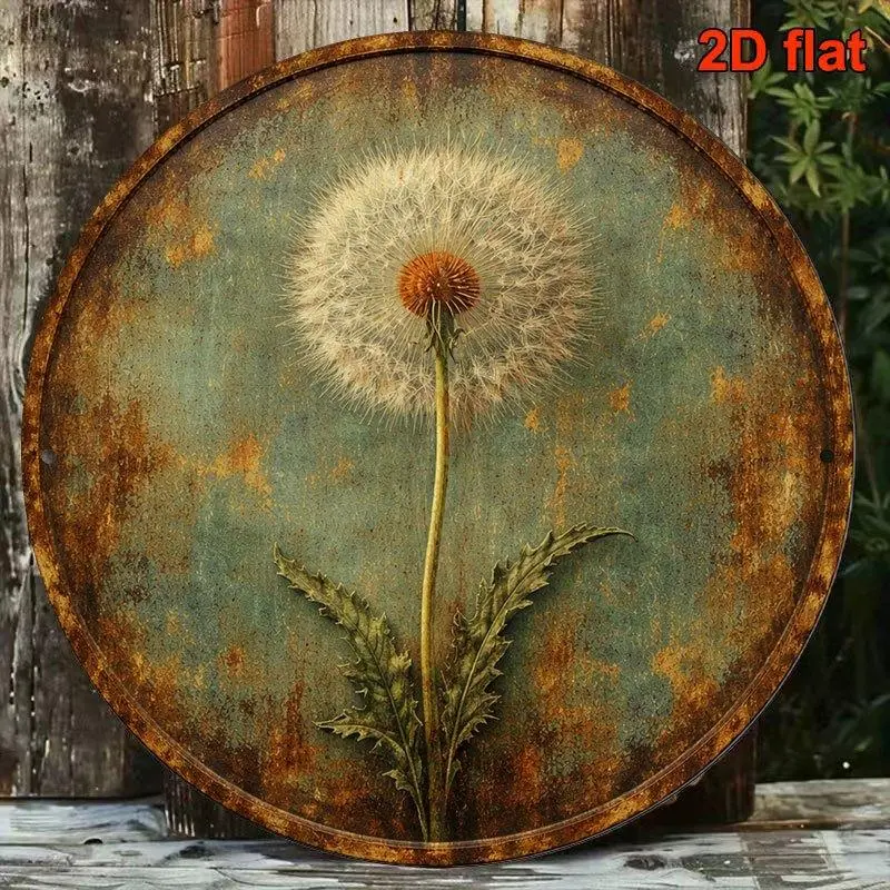 2D Flat, 1pc 1pcs Suitable for Living Room, Cafe, Courtyard Vintage Dandelion Wall Sign - Round Botanical Plaque with Natural Plant Decor, Frameless Suitable for,, Decoration or Gift, Dandelion Plate, 2D Flat