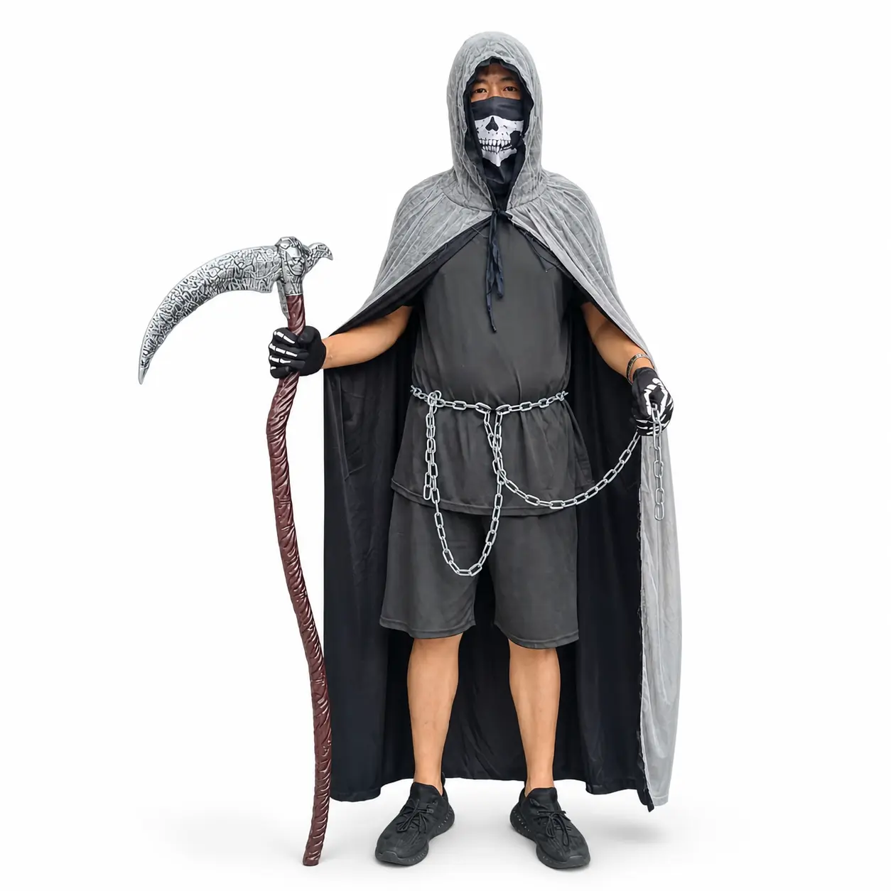 Hooded Grim Reaper Costume Set, Grey Black Halloween Cape Cloak with Skull Face Mask, Skeleton Gloves, Chain and Scythe Prop, One Size and 80cm 120cm 150cm Options for Party, Cosplay, Stage Outfit Photos