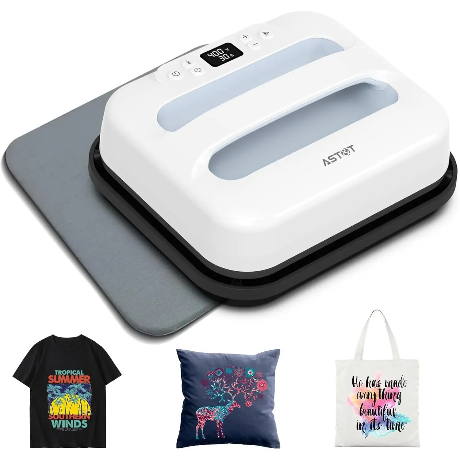 Heat Press Machine 12" x 10" Portable & Easy Heat Press for T-Shirts, Pillows, Tote Bags &  White (Heat Press+mat)