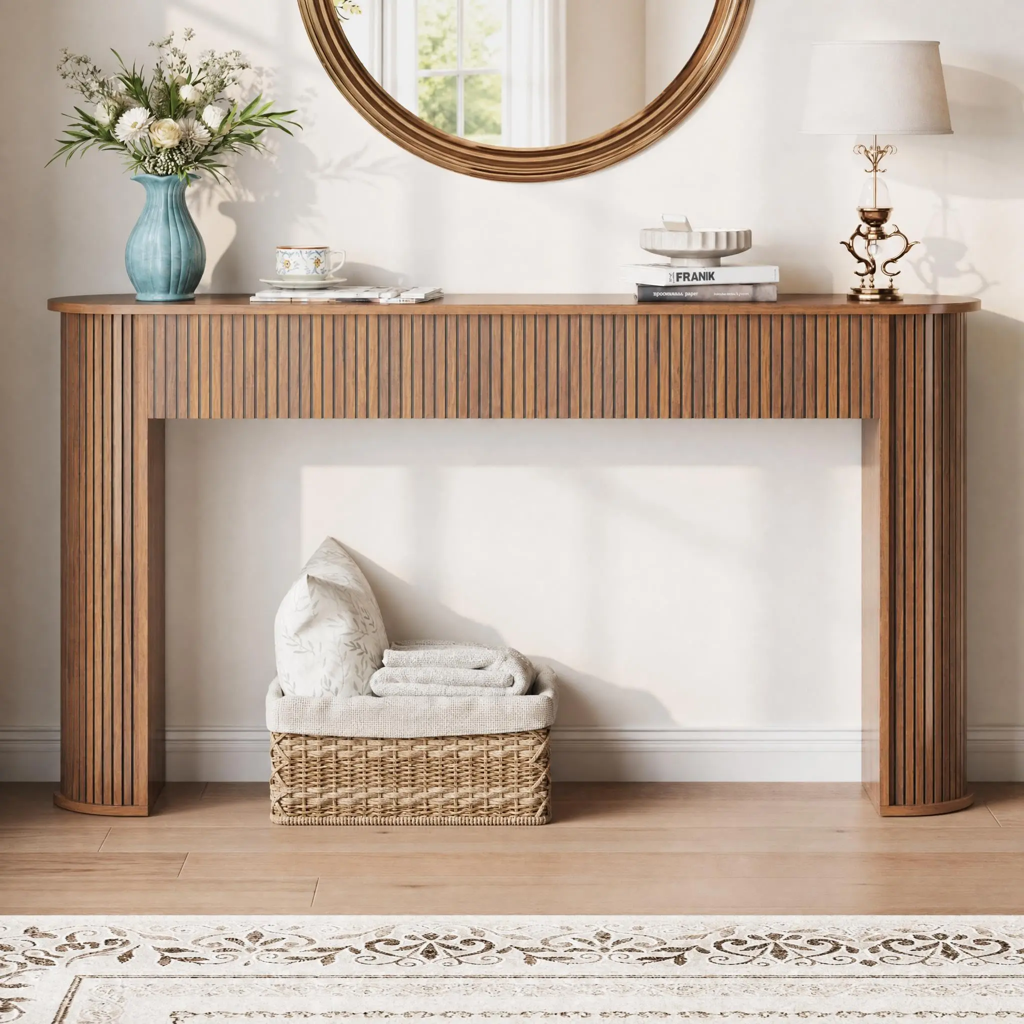 59 inch Fluted Console Table - Semi Round Wooden Sofa Table with Ribbed Texture Legs, Curved Corner Entryway Accent Table for Living Room Hallway Foyer