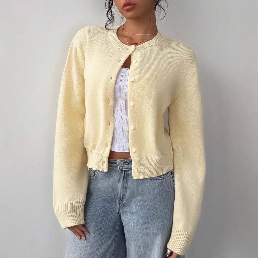 Women's Long Sleeve Soft Knit Cardigan Jacket - 2026 Autumn-Winter European-American Cross-Border Style, Short Loose Thin Solid Plain Basic Cardigan for Women