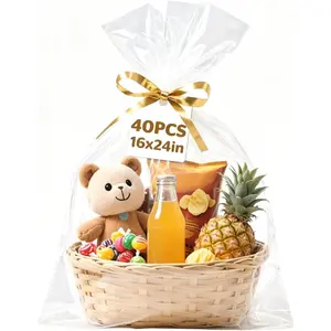 40 Pcs Cellophane Bags, 16 x 24 Inchs Cellophane Wrap for Gift Baskets, Durable Clear Cellophane Gift Bag, Complimentary 40 Pcs Golden Twist Ties