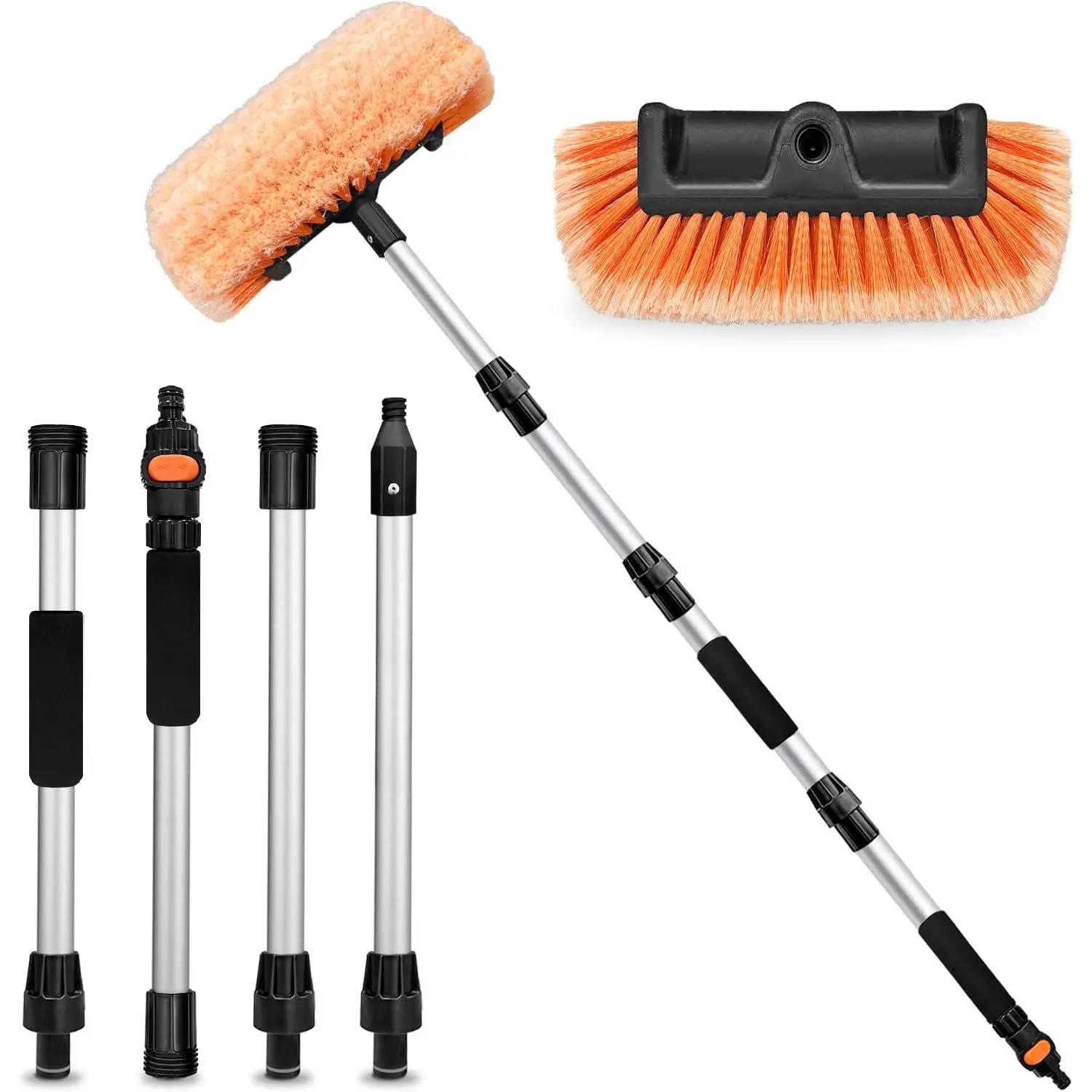 72in Long Handle Flow-Thru Soft Cleaning Brush - Extendable Handle, Hose Attachment, On-Off Switch, Synthetic Bristles for RV/SUV/Boat, House Siding Car Wash Accessories