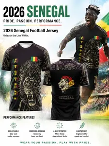 Senegal Traditional Football Jersey, Quick-Dry Breathable Mesh, Slim-Fit Sporty Tee, Lion & Tribal Print, All-Season Streetwear