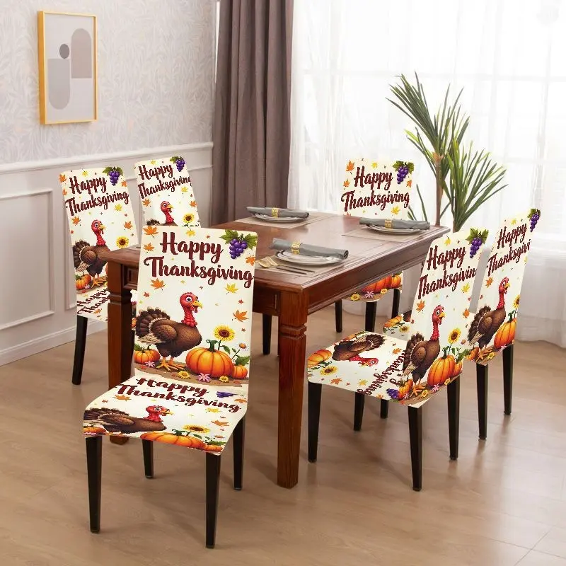 4/6 Piece Thanksgiving Tablecloth Set, Harvest Turkey Pumpkin Floral Design, Elastic Washable Home Festival Decor, Chair Covers