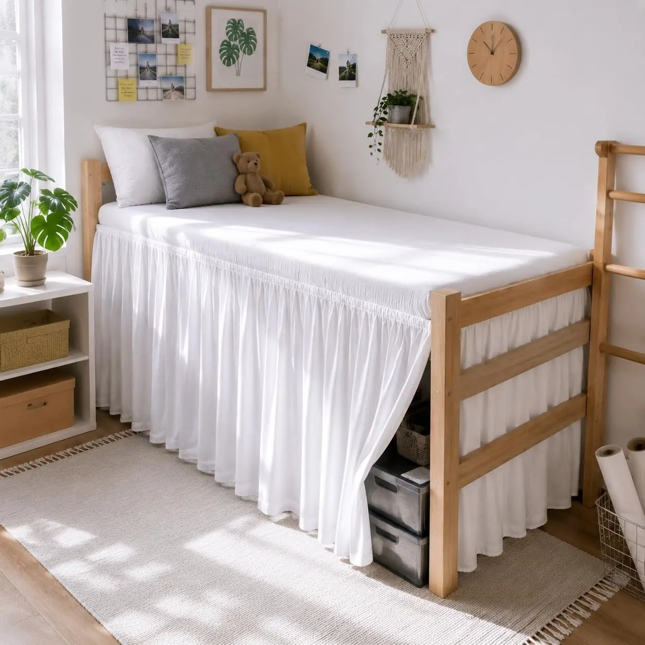 White Dorm Bed Skirt with Split Corners Twin XL Size 22 inch Drop, Wrap Around Elastic Dust Ruffles Solid Color Wrinkle and Fade Resistant, Easy to Install, Machine Washable, Bedroom Decor | Soft Machine Washable Fabric, Elastic Wrap Around Design, S