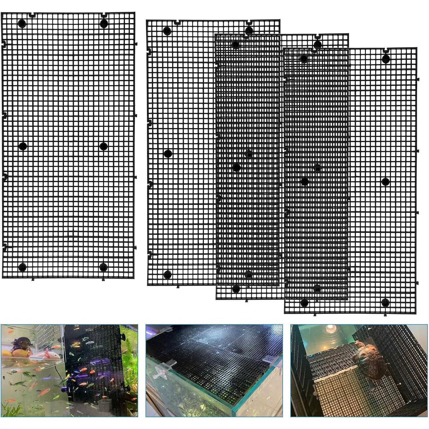 Adjustable Plastic Grip Panel Aquarium Fish Tank Divider DIY Plastic Grid Isolation Board Egg Crate Tray Black 4pcs 11.8X5.9 Inch with 0.15 Inch Hole