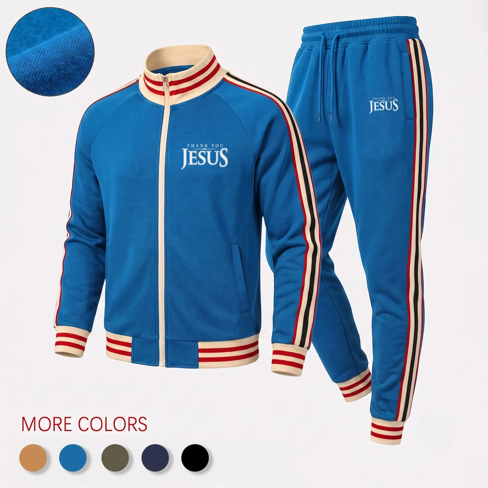 Men’s Christian Faith Tracksuit Set, Thank You Jesus Print Zip Jacket and Elastic Waist Jogger Pants, Retro Contrast Stripe Two-Piece Sportswear for Streetwear, Walking and Everyday Outfits