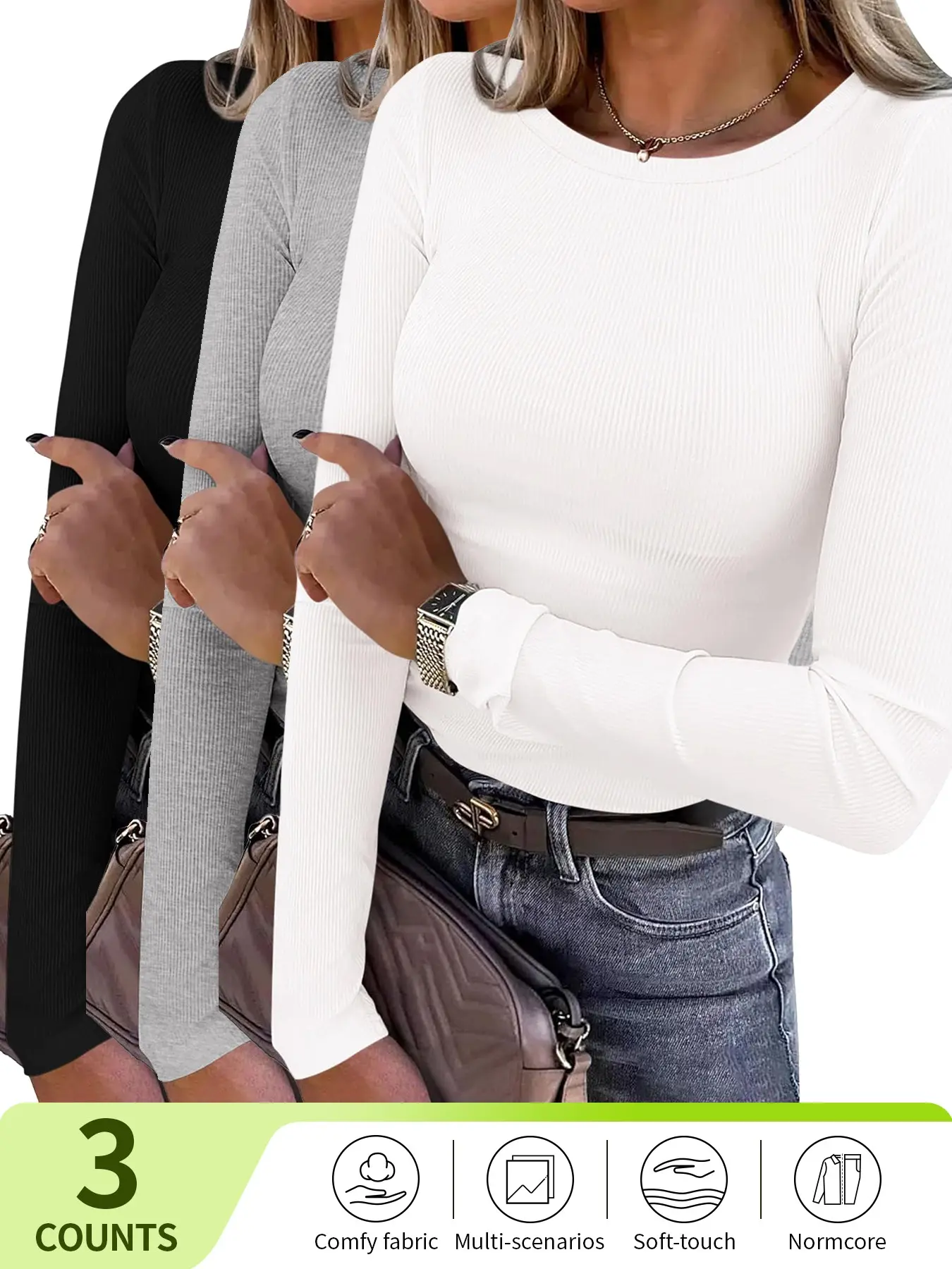 2026 Women's Solid Ribbed Long Sleeve Crop Lounge Tee, Casual Comfy Round Neck T-Shirt, Ladies Sleepwear for Spring & Fall Fashion Top