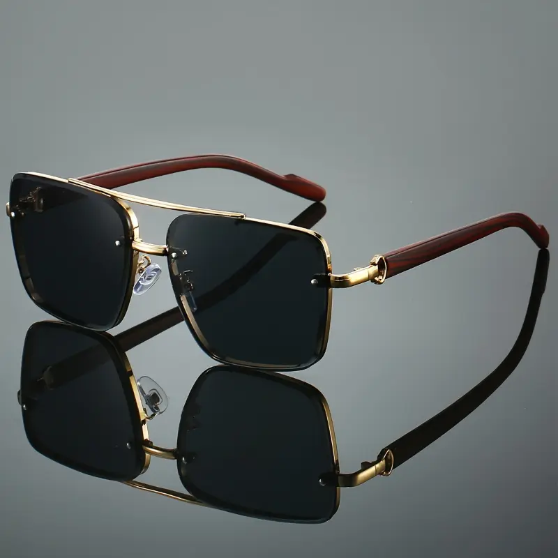 Men's New Full Frame Square Glasses, Retro Dual Bridge Design, Imitation Wood Texture Temples, Metal Frame, Classic Fashion Decorative Eyewear, Trendy Vintage Eyeglasses, Square Frames Eyeglasses, Fashionable Frames Glasses