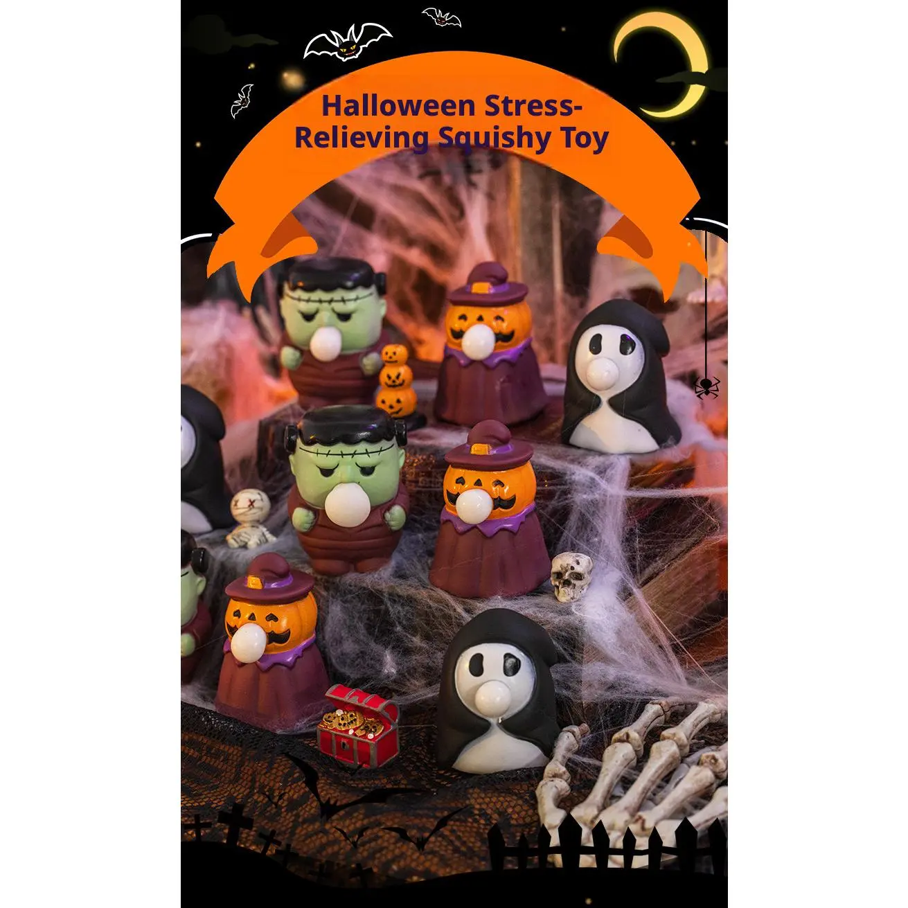Halloween Blowing Bubble Squishy Toys 3 Pack, 3 Assorted Styles Frankenstein, Pumpkin Witch, Grim Reaper Ghost Stress Relief Fidget Toys, Creepy Cute Squeeze Toys Bulk Halloween Party Favors Gifts for Kids Adults party favors
