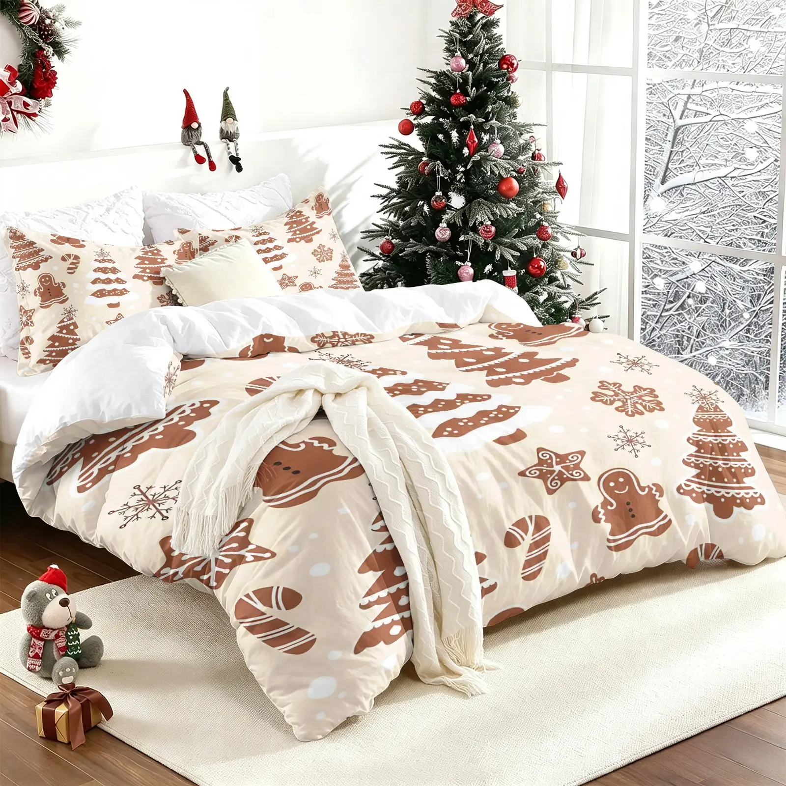 Christmas Gingerbread Man Christmas Tree Candy Cane Print Duvet Cover Set, 1 Duvet Cover + 1‑2 Pillowcases, Festive Winter Holiday Bedding Set, Soft Microfiber All Season, Christmas Bedroom Decoration, Christmas Gifts