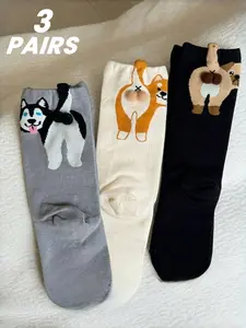 3 Pairs Mid-Calf Socks, Cute Style, Husky & Shiba Inu Print with 3D Pom-poms, Skin-friendly & Breathable, Versatile Casual Stylish Socks for Daily Commute