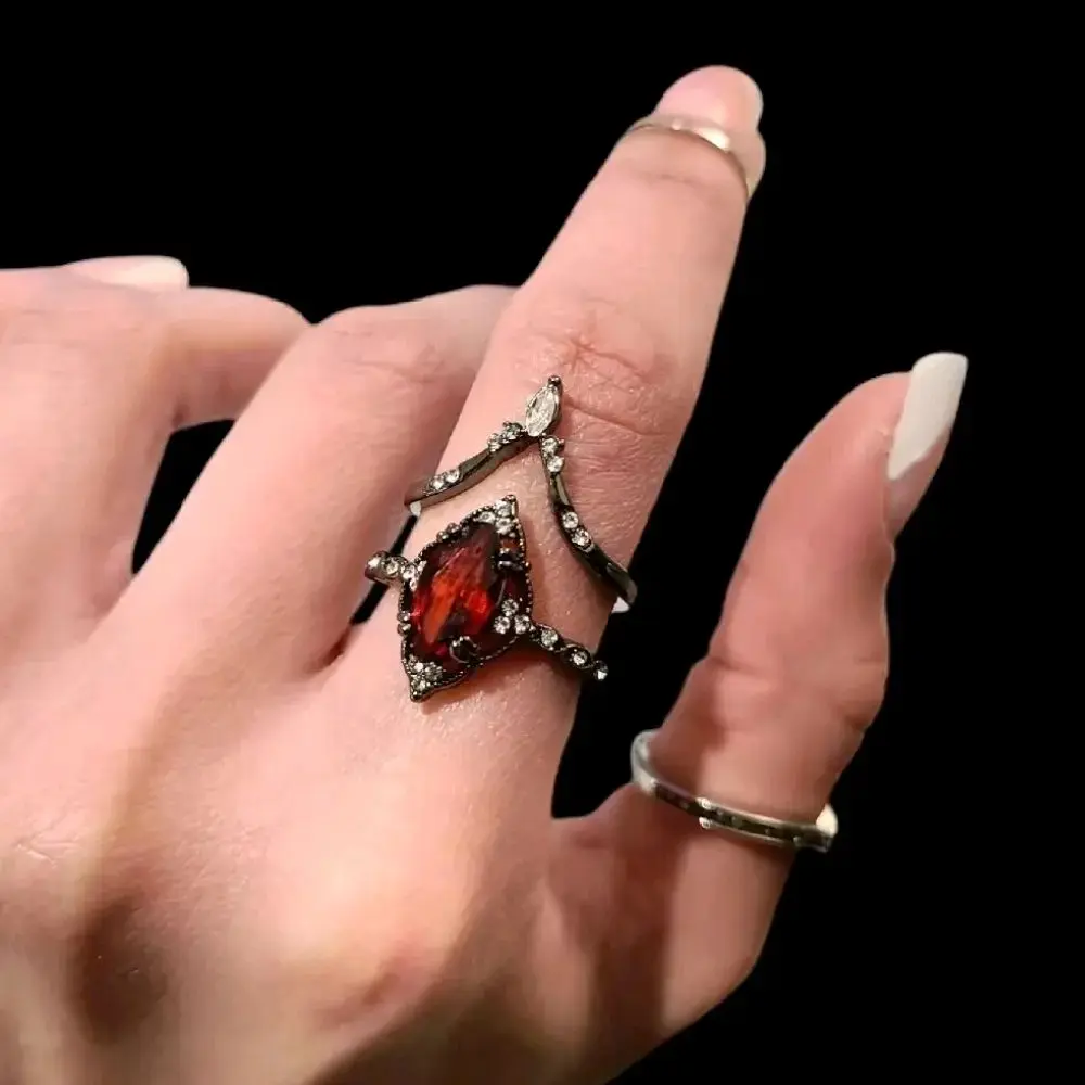 Marquise Amber Ring Stack Set - Gothic Gunmetal