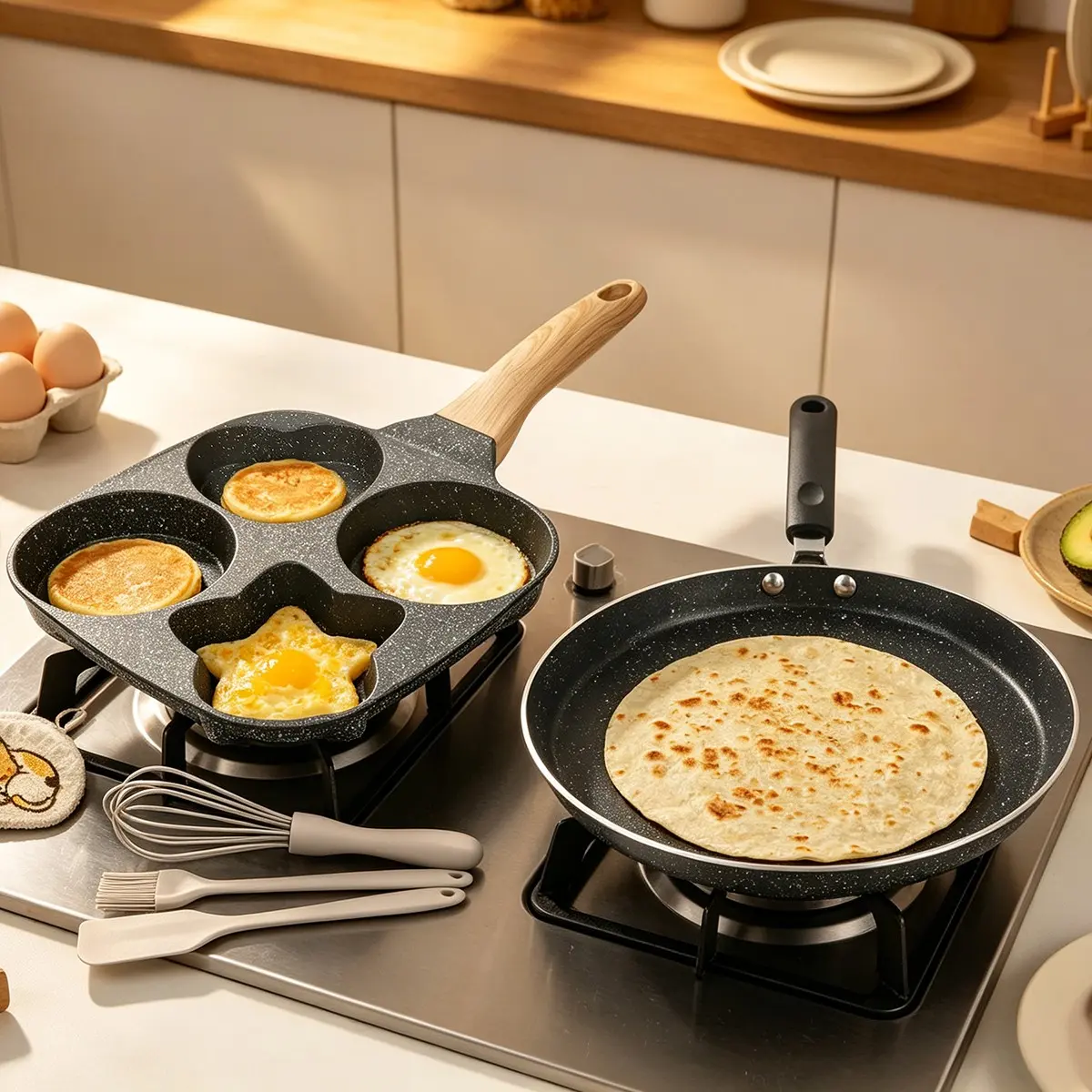 Heart Star Shape Egg Pan, Non-Stick Coating, Silicone Baking Tools, Electric & Gas Stove Compatible, Easy Clean, Family Breakfast Cookware
