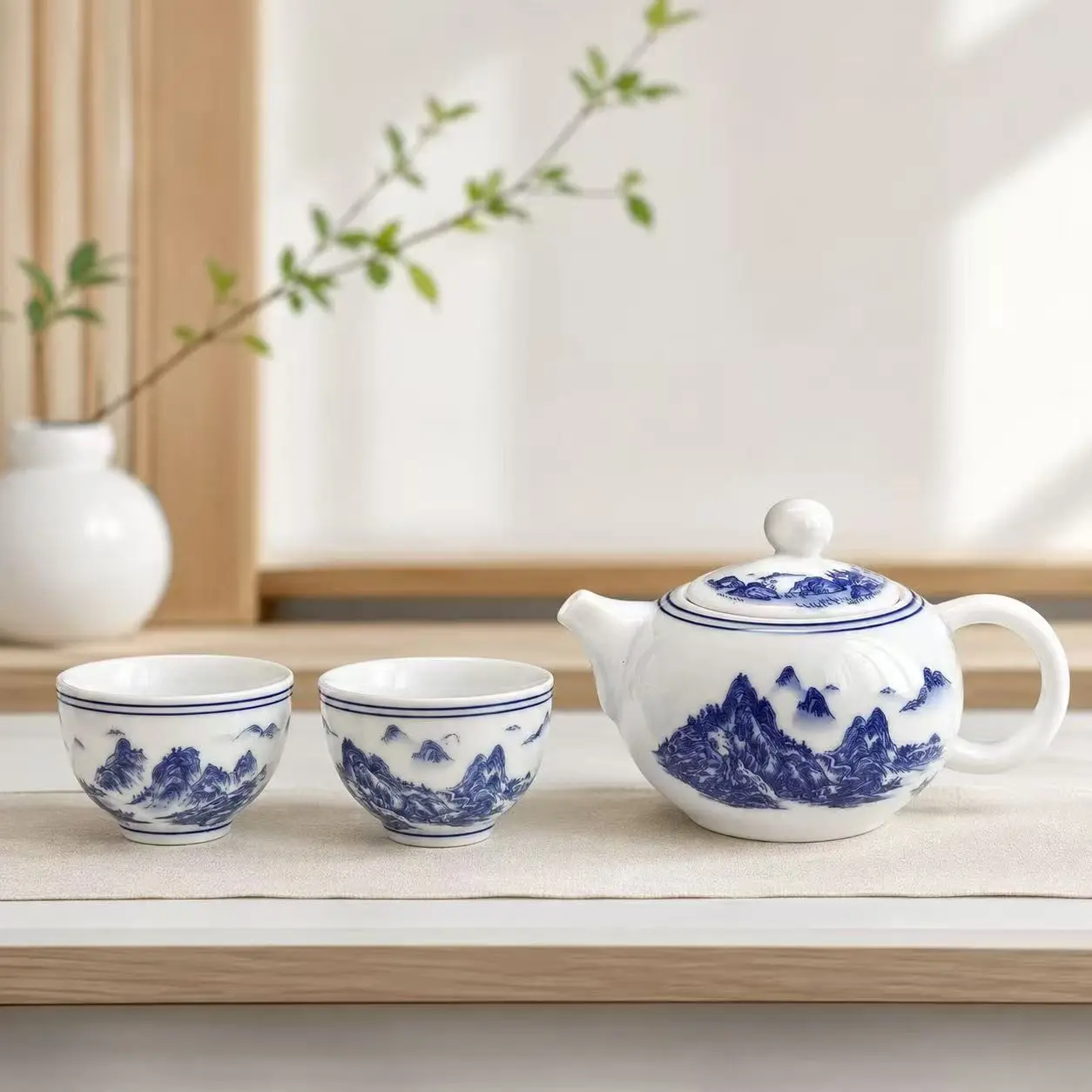 Blue and Landscape Tea Set, Home Use Teapot with Two Cups, Simple Gift, Elegant Design, Perfect for Daily Use and Gifting