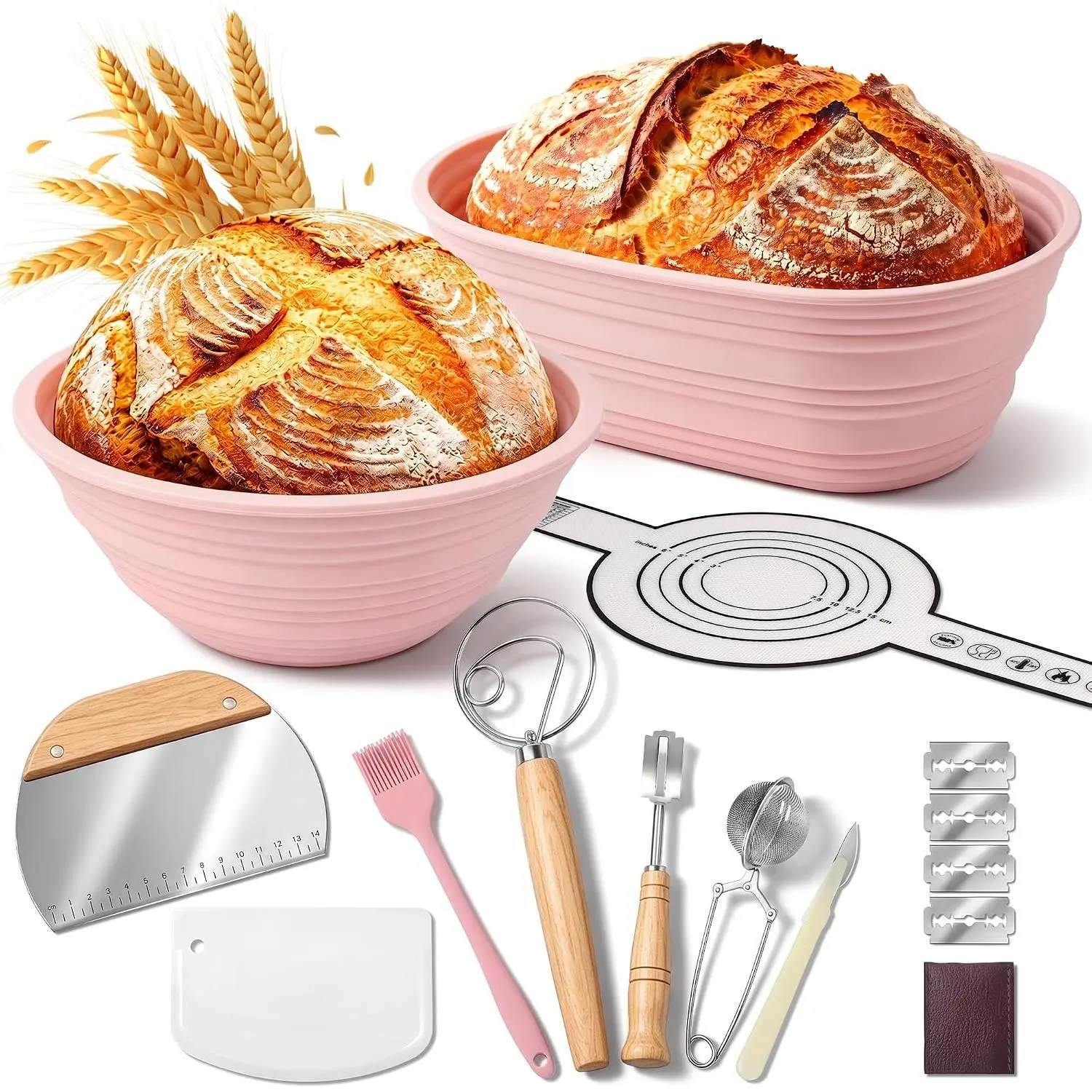 10PCS Sourdough Starter Kit with Silicone Banneton Proofing Baskets Set