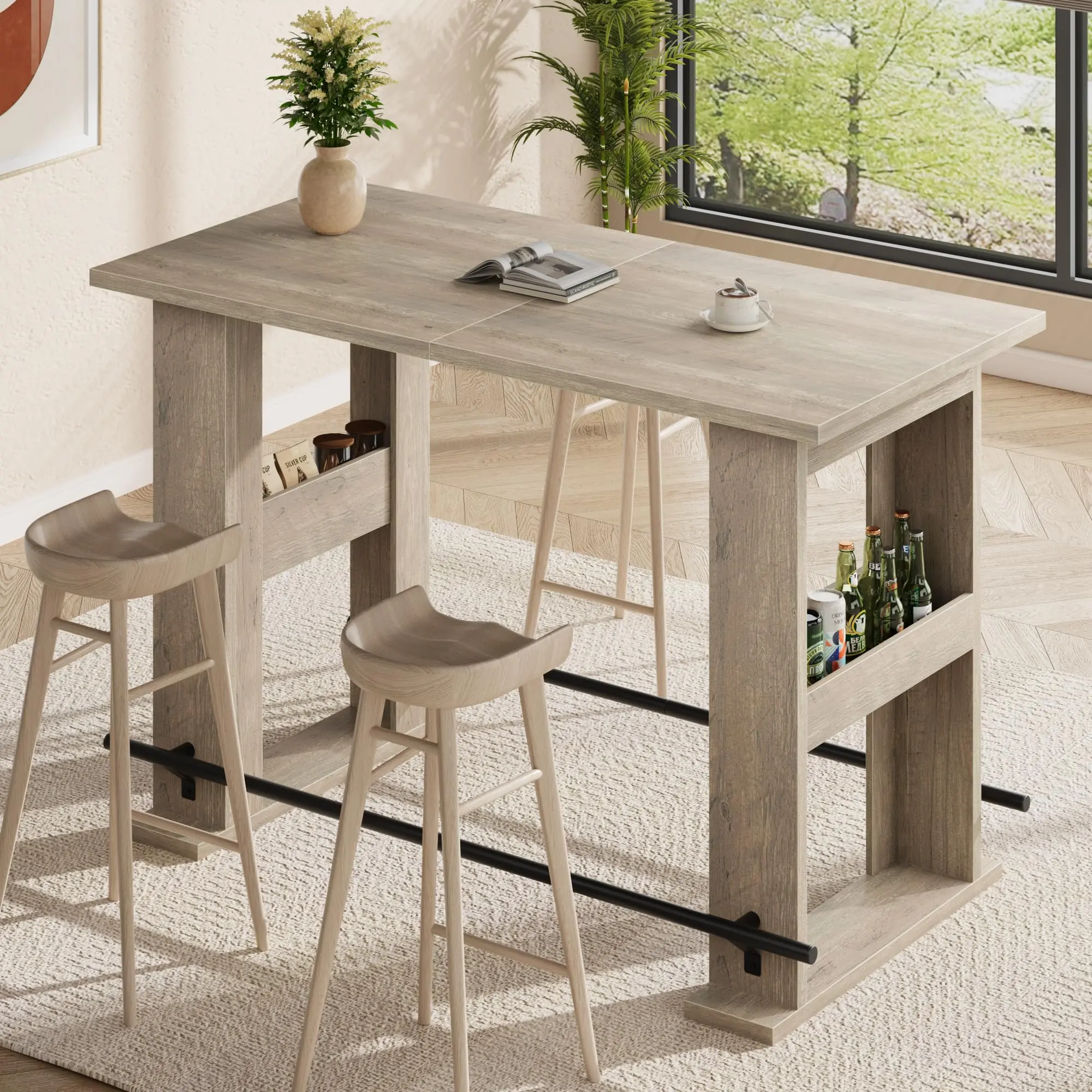 Farmhouse Bar Height Dining Table with 2 Storage Shelves & Metal Footrest – Rectangular Bistro Pub Table