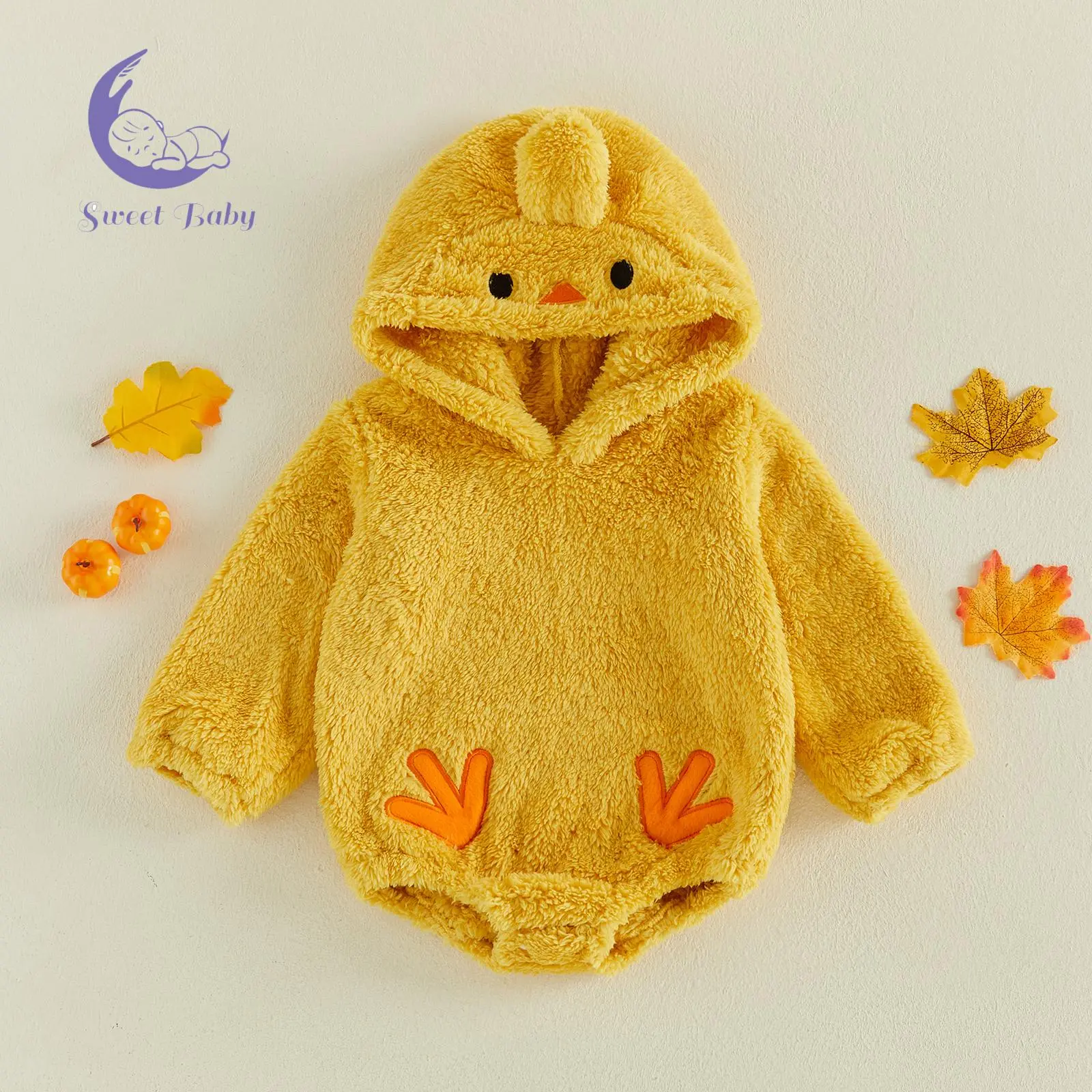 Infant Baby Boy Chicken Pattern Hooded Romper - Cotton Blend, Hypoallergenic Fuzzy Animal Halloween Costume, Flexible Fit, Stretchy Cuffs