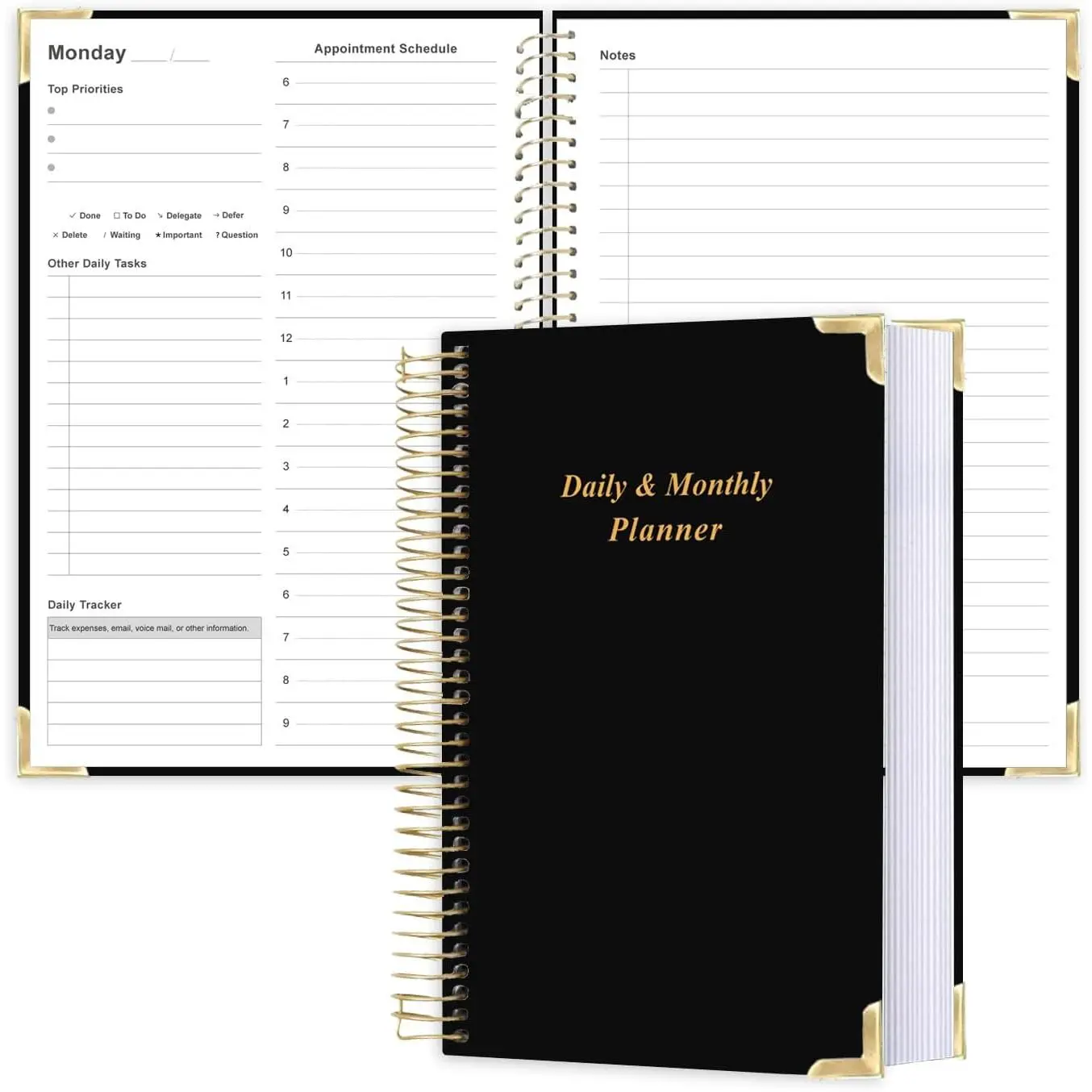 Undated Daily Planner - 5.8"x8.5" Daily Planner with Hourly Schedule, Black | 448 pages, hardcover, undated start anytime, daily schedule & to-do lists, for work & life planning,  friendly