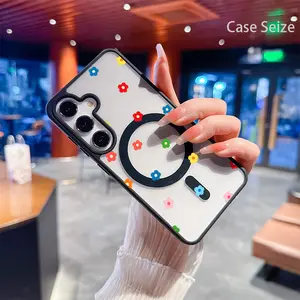 Phone Case - Colorful Retro Floral Mix with Vibrant Geometric Charm Black Border Magnetic Phone Case, Anti-Yellowing, Slim Lightweight & Bare Feel, Luxury Premium Design for Samsung Galaxy S22 S23Fe S24 S25 Plus Ultra