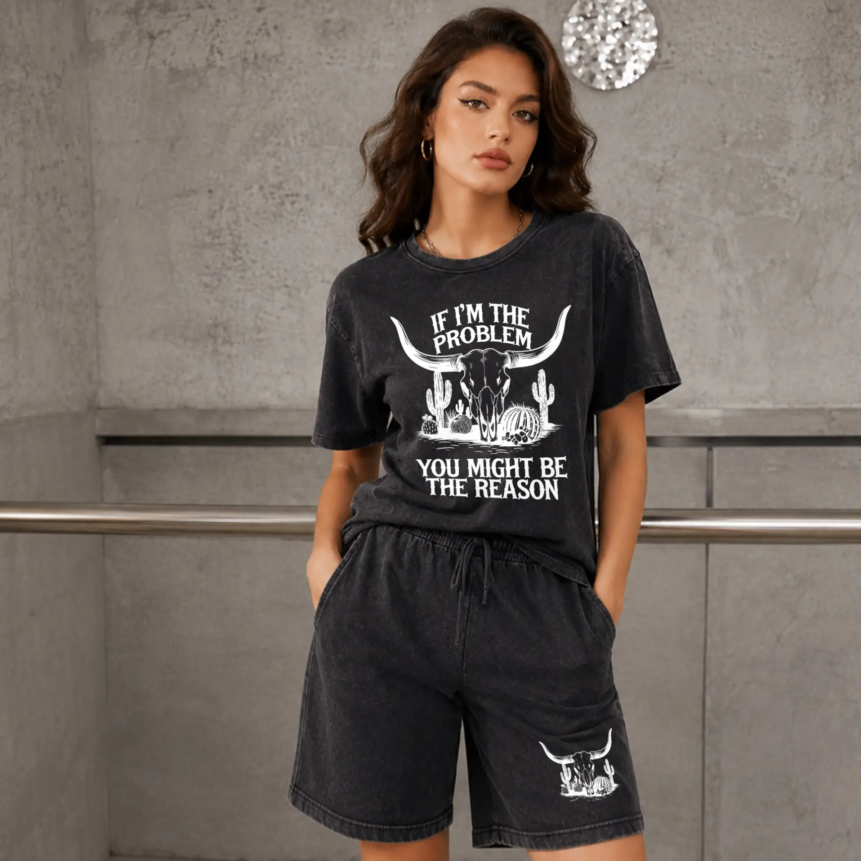 Women’s 100% Cotton Western Skull Graphic Washed T-Shirt & Bermuda Shorts Set, Casual Crew Neck Two-Piece Outfit With Drawstring Waist, Soft Vintage Look