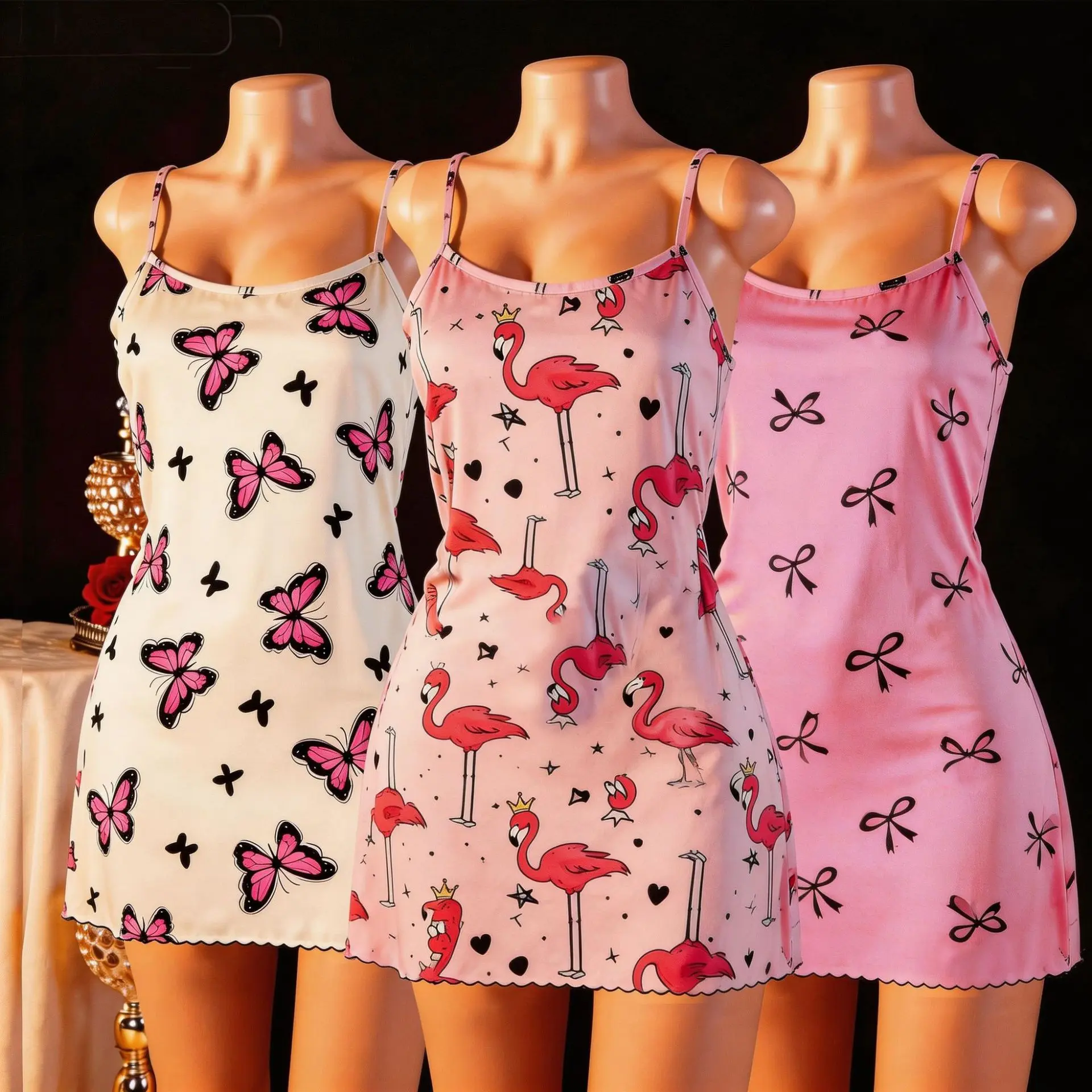 Women's Sleeveless Satin Printed Night Gown - Flamingo & Butterfly Spaghetti Strap Short Dress with Embroidery, Female Sleepwear, Loungewear, Sizes S-XL, Night Gown For Women