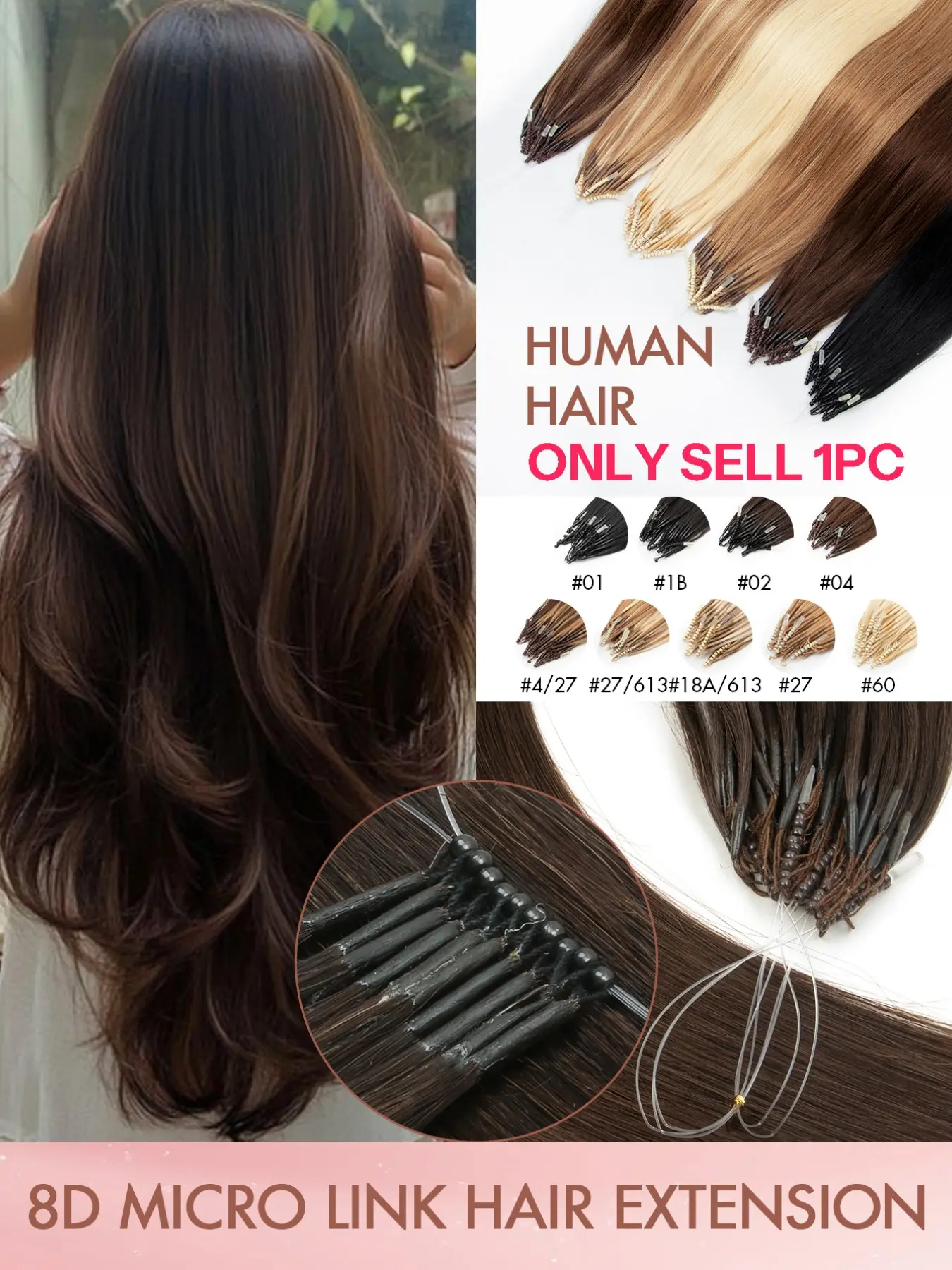 8D Micro Link Hair Extension Human Hair Extensions Micro Links Micro Beads Hair Extension for Woman Invisible Mini Silicon Beads Easy to Install for Party and Daily 12-22 inches 30g