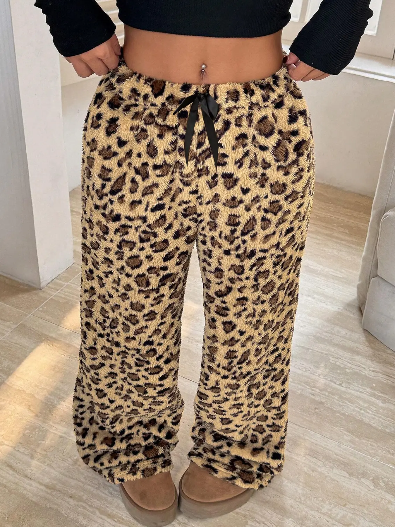 Women Brown Leopard Print Fuzzy Wide Leg Pants Elastic Drawstring Waist Loose Fit Warm Soft Fluffy Fabric Casual Loungewear Streetwear Indoor Outdoor Daily Wear Fall Winter Ladies Fashion Bottoms