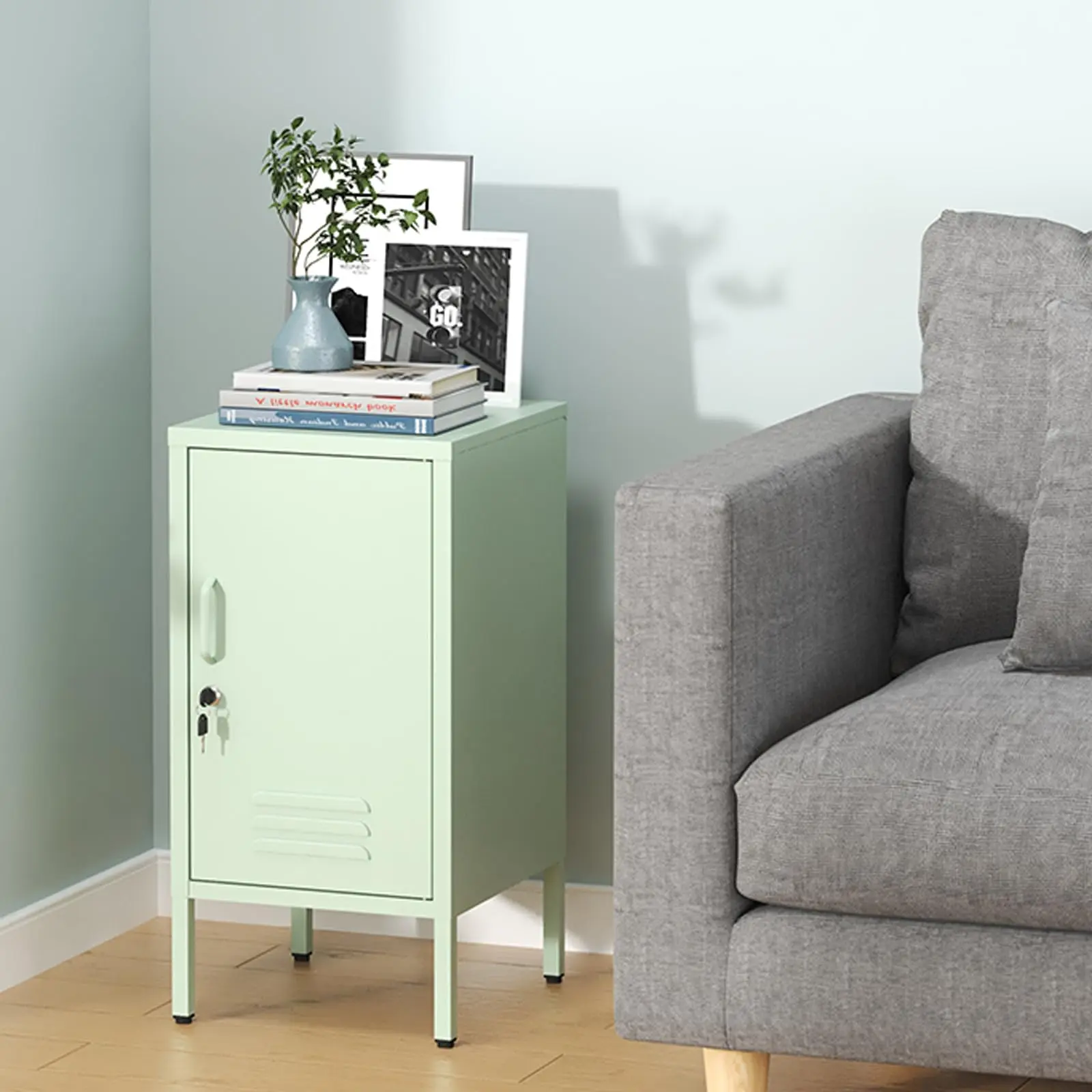 Metal Locker Nightstand with Shelf Lockable Single Door Bedside Table Modern End Table Storage Side Cabinet for Bedroom Living Room
