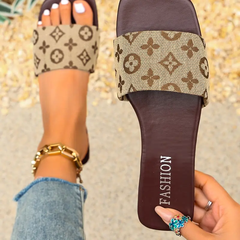Women Square Open Toe Slide Sandals, Vintage Monogram Print, Single Strap Flat Slides, Summer Beach Slippers, Comfortable and Stylish, Beach Flip Flops, Fashionable PU Slides