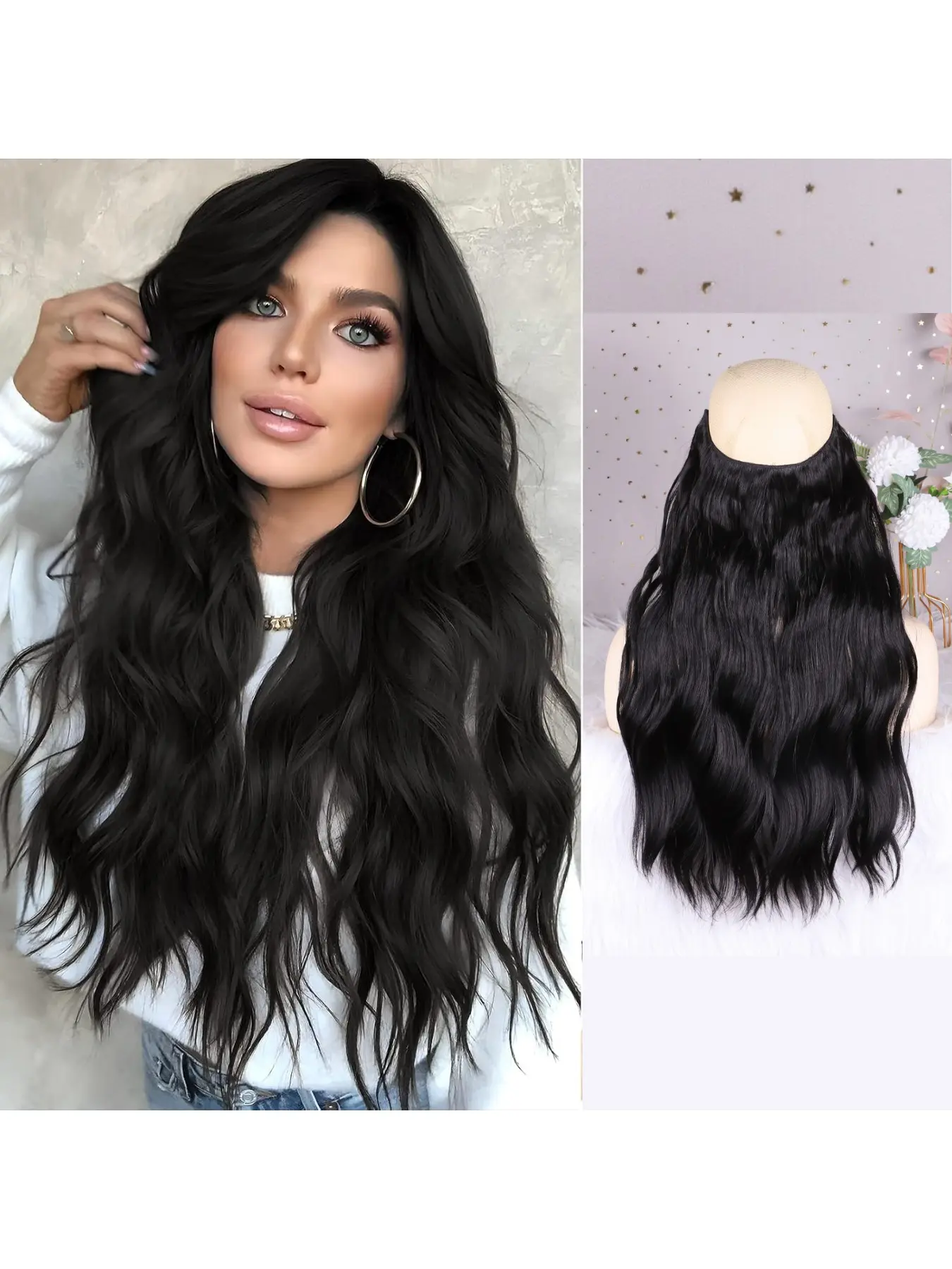 One Piece wire Hair Extensions with Transparent Headband Adjustable Size 2 Secure Clips Long Wavy Secret Wire Synthetic Hairpiece Natural Black 18 Inch for Women