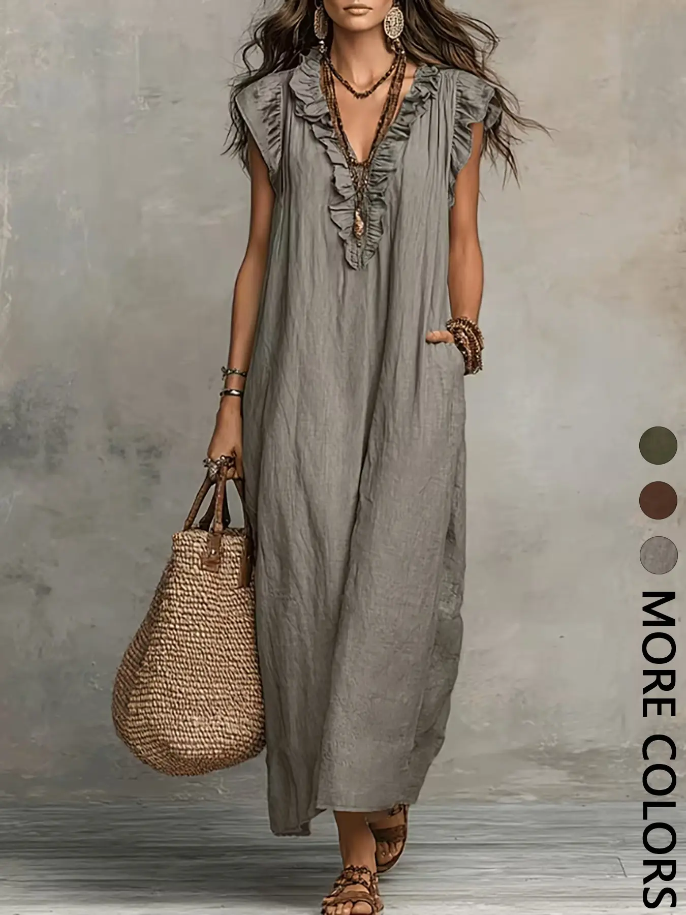 Women's Loose Sleeveless Long Dress, Ruffle Trim V-Neck, Side Pockets, Casual Flowy Split Hem, Straight Cut Midi Dress