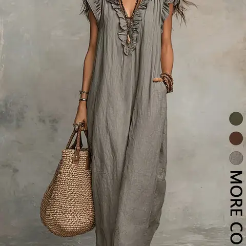 Women's Loose Sleeveless Long Dress, Ruffle Trim V-Neck, Side Pockets, Casual Flowy Summer Dress Split Hem, Straight Cut Midi Dress