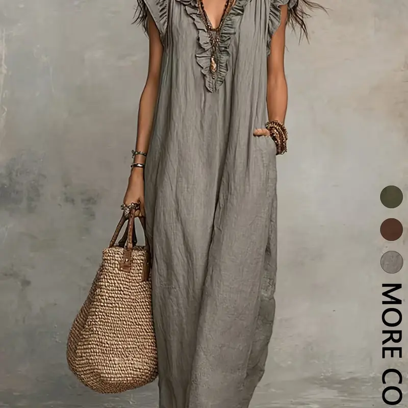 Women's Loose Sleeveless Long Dress, Ruffle Trim V-Neck, Side Pockets, Casual Flowy Summer Dress Split Hem, Straight Cut Midi Dress