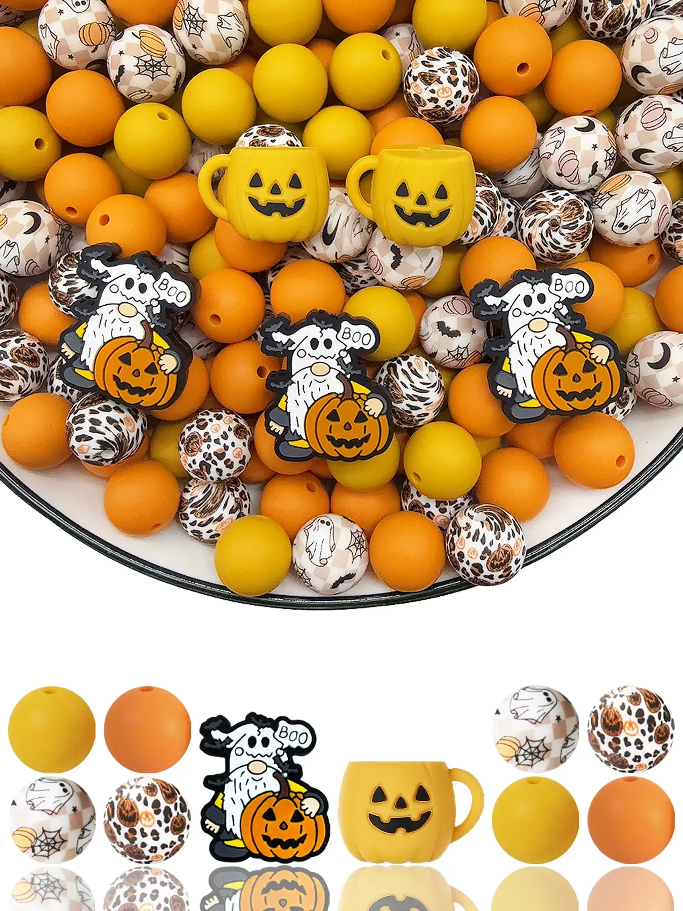 34pcs Halloween Dwarf Pumpkin Cup Silicone Beads Set, Boo Design, Ghost Spider Web, Leopard Print, DIY Jewelry Making, Perfect Gift